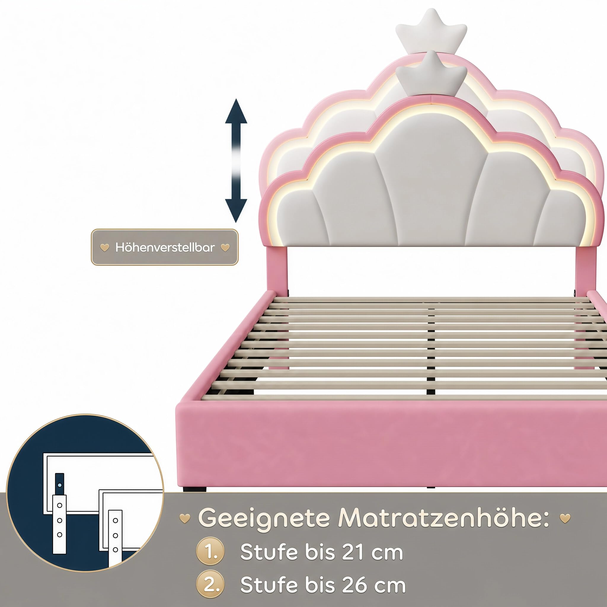 Polsterbett 90x200 für Kinder mit LED-Beleuchtung, Kinderbett Bettgestell für Mädchen mit Wolken-Kopfteil, höhenverstellbares Kopfteil, Prinzessin Bett Rosa mit Lattenrost, Samt (Rosa, 90×200cm)