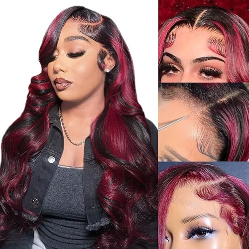 22Inch highlight Burgundy Glueless Lace Front Wig Human Hair 13X4 1B/99J Human Hair Wig Wear and Go Glueless HD Lace Wig Pre Plucked with Baby Hair Skunk Stripe Body Wave Lace Front Wig 150% Density