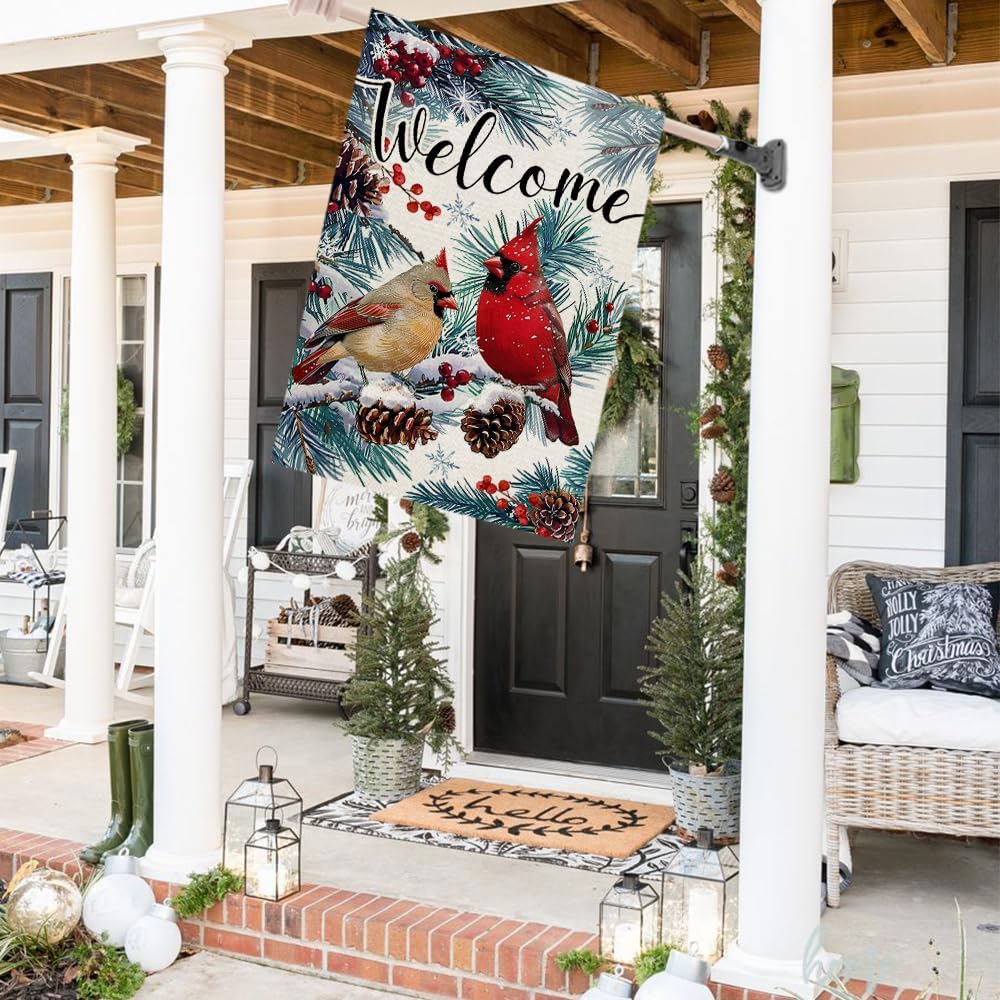 CROWNED BEAUTY Winter Cardinal House Flag 28x40 Inch Double Sided Large Welcome Burlap Holiday Yard Decoration for Outside CF1658-40 - Image 6