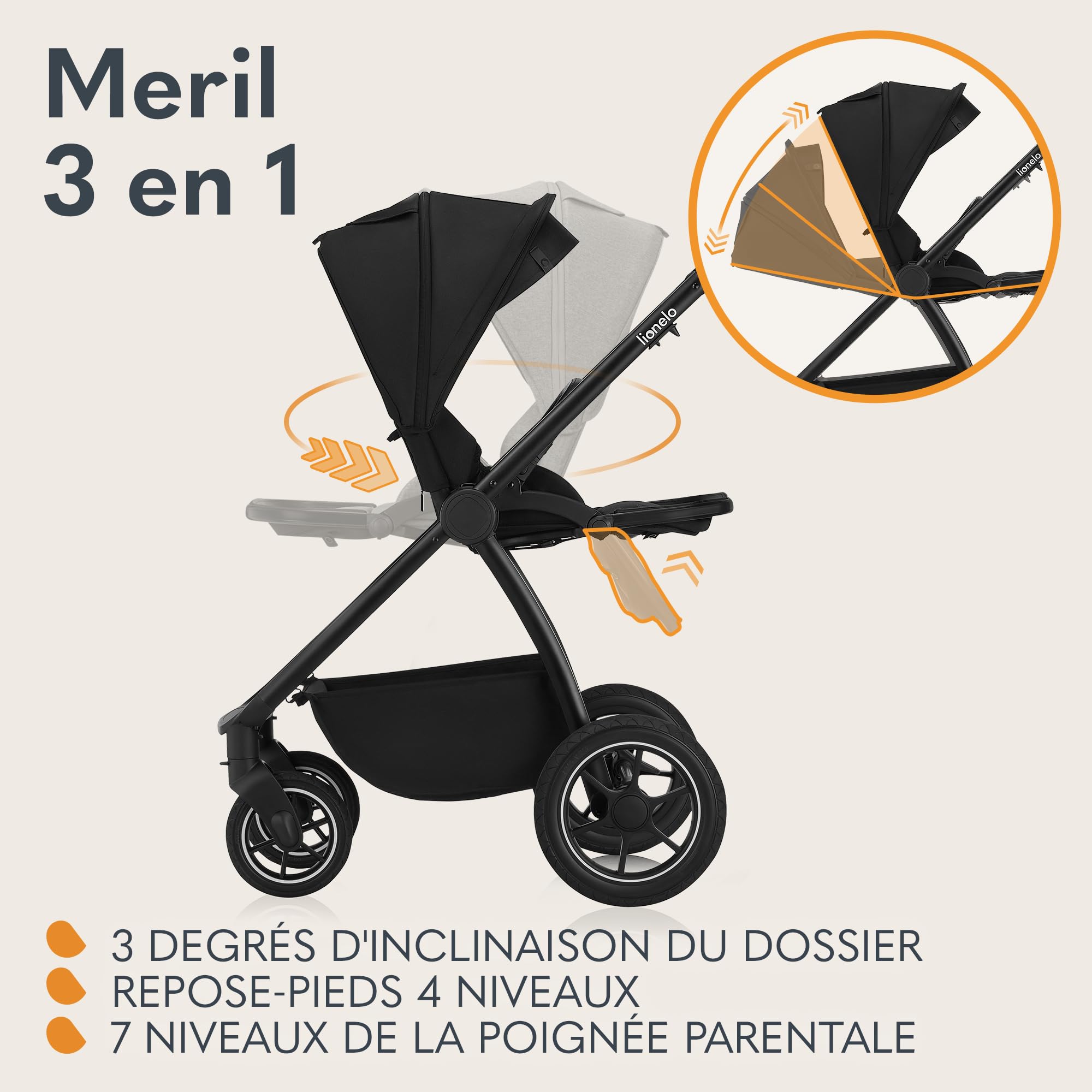 LIONELO MERIL 3 en 1 Poussette Bébé Multifonctionnelle 0 à 48 Mois Jusqu'à 22 kg, Nacelle Jusqu'à 9 kg, Siège Auto, Roues Tout-terrain 360 °, Amortissement Complet Auvent XXL UPF50+ (Black)