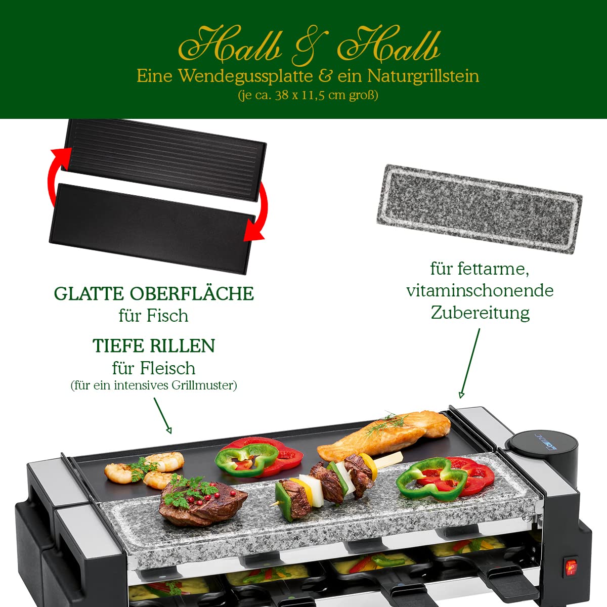 Clatronic RG 3678, 2 w 1 grill raclette, naturalny kamień do grillowania i płyta odlewana z odlewu obrotowego, przegub obrotowy 180°, 8 patelni, może być również stosowany jako raclette dla 4 osób,