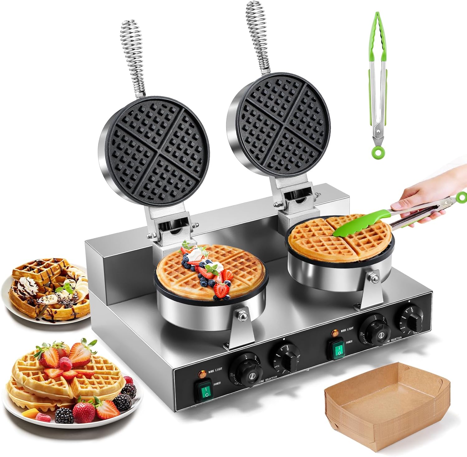 Moongiantgo Commercial Waffle Maker, 2000W Non-Stick Double Head Belgian Waffle Maker Waffle Iron Stainless Steel with Temp & Timer Control, Electric Baker Machine for Home Kitchen Food Trucks, 110V