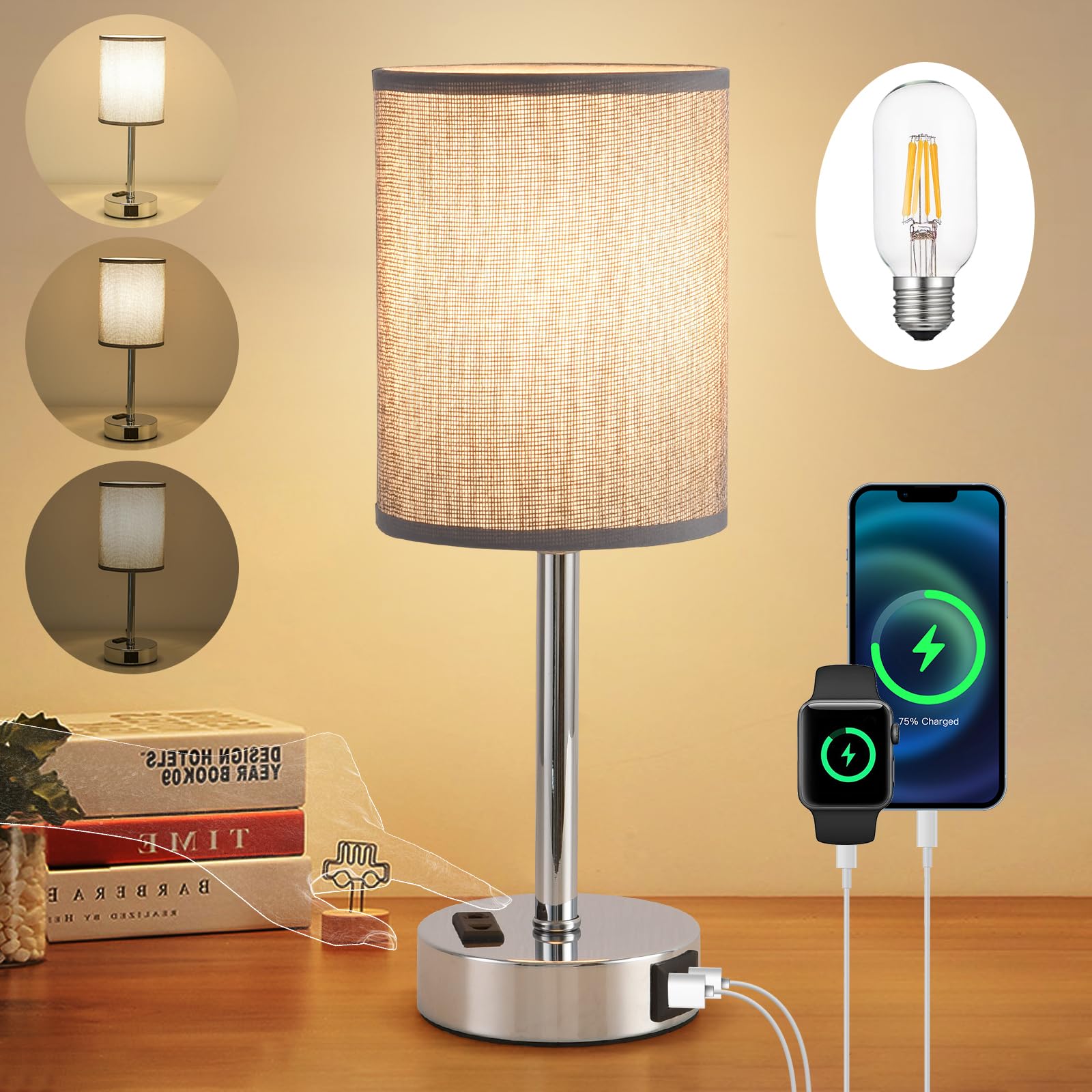 LSWZZ LED Nachttischlampe Touch Dimmbar, Modern Tischlampe mit USB A+C-Ladeanschluss, Leinen Lampenschirm, Metall Basis, kleine Lampe, für Schlafzimmer, Büro, Wohnzimmer, Kinderzimmer (Grau)