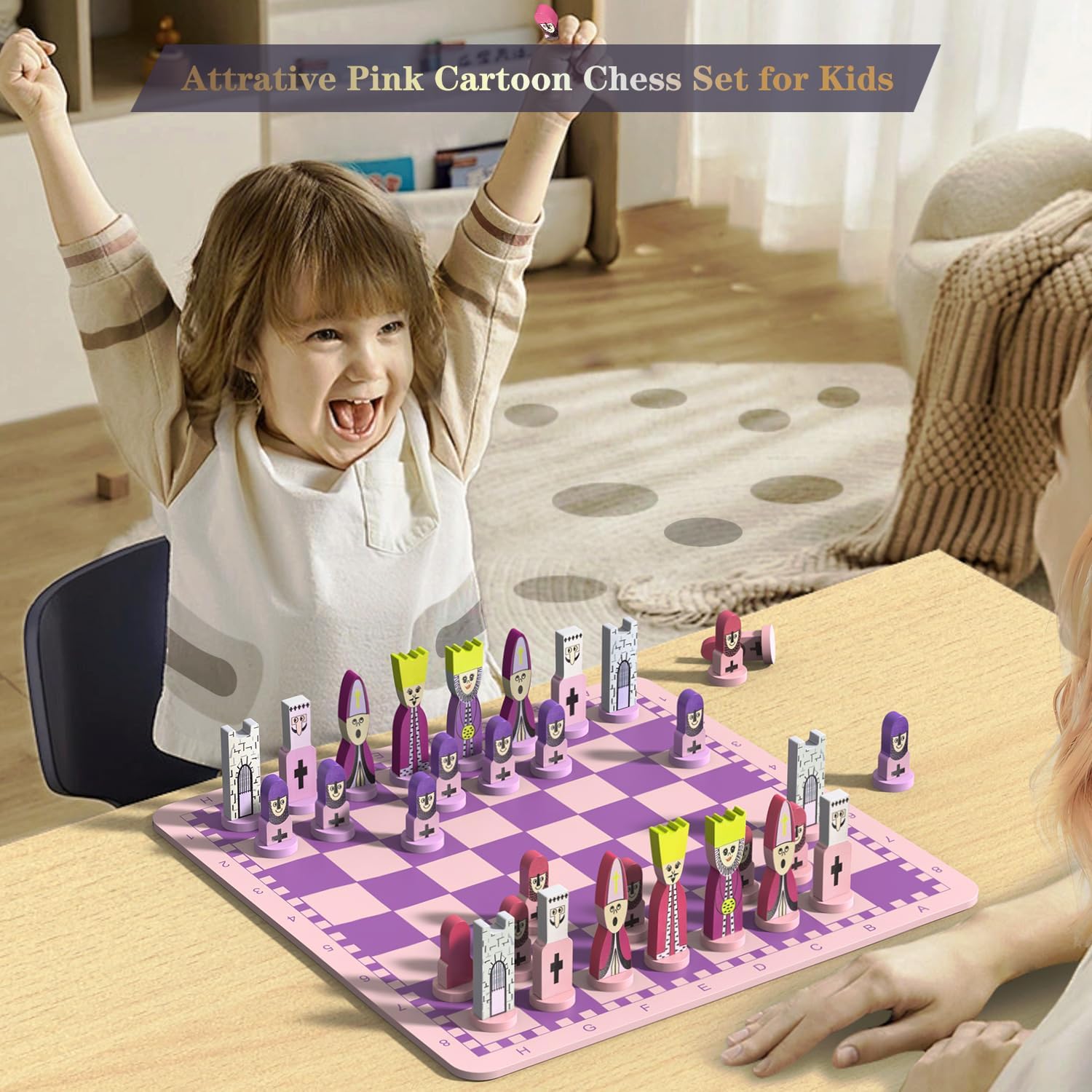Cartoon Chess Set for Kids: JORMONY 11.8" Pink Chess Board Themed Chess Kids Chess Sets for Beginners No Stress Chess Wooden Board Games Educational Toy Boys Girls for Family School