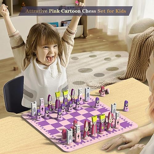 Miniatura 5 de Juego de ajedrez de dibujos animados para niños JORMONY de 11.8 pulgadas, tablero de ajedrez rosa con temática de ajedrez para niños, juegos de