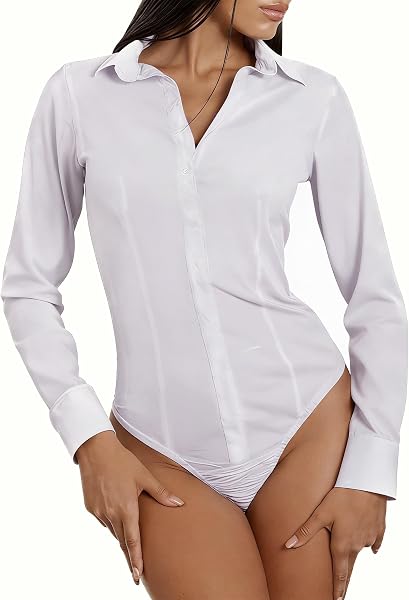 Body Camicia Donna Elegante in Cotone Elasticizzato, Stile Classico per Ufficio e Occasioni Casual - 2