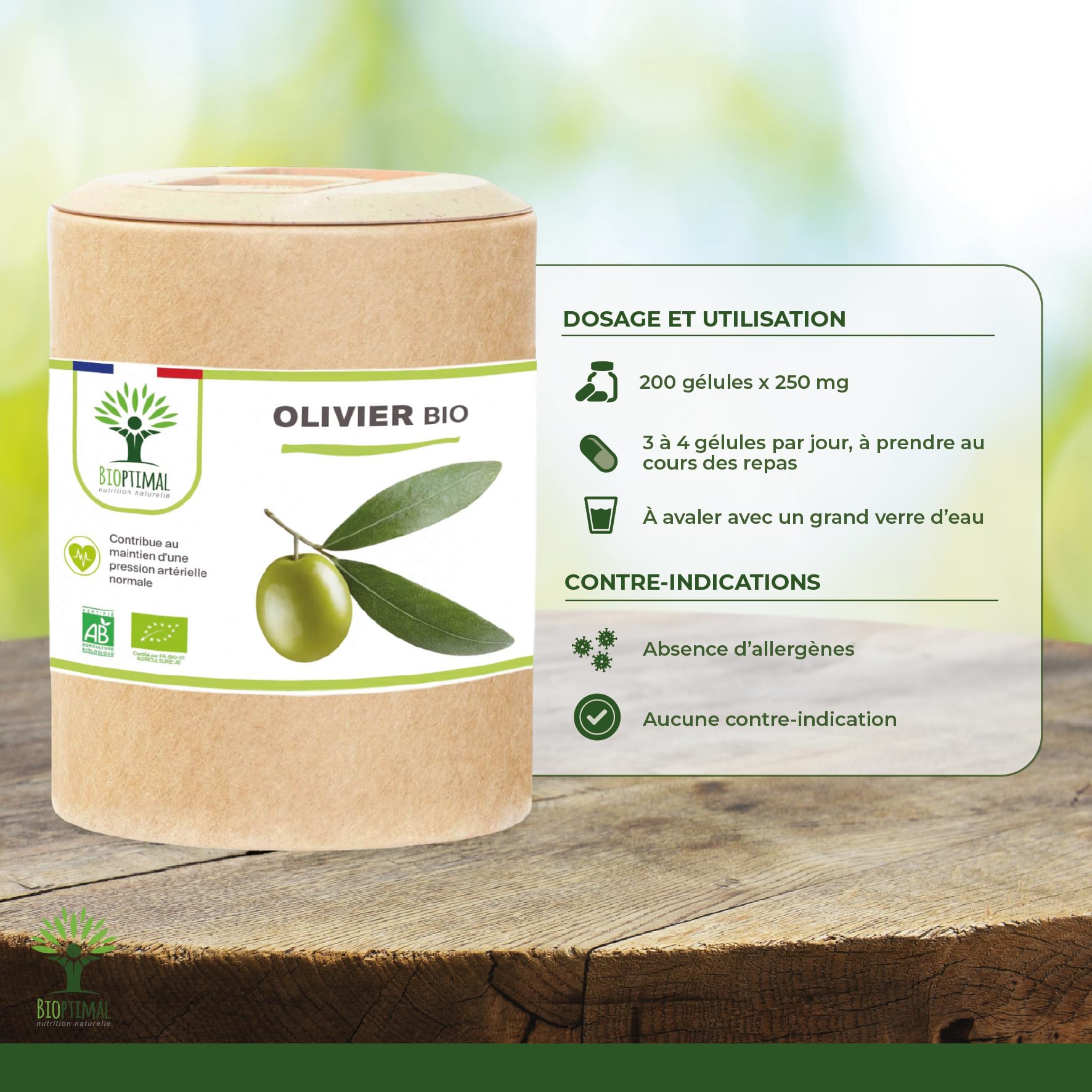 Olivier bio - Bioptimal - Complément alimentaire - Circulation Sanguine Tension Cardio - Feuille d'olivier en Poudre - 700mg par jour - Fabriqué en France - Certifié par Ecocert - 200 gélules