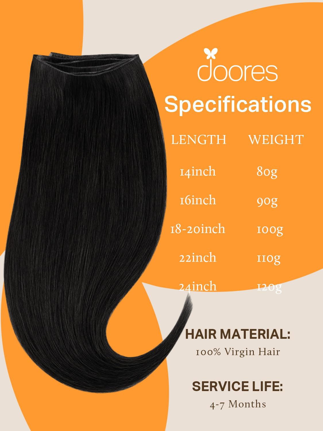 DOORES Human Hair Extensions Sew in Extensions, 24 Inch Jet Black 120g, Real Human Hair Extensions Sew in Remy Hair Extensions Virgin Hair High Density