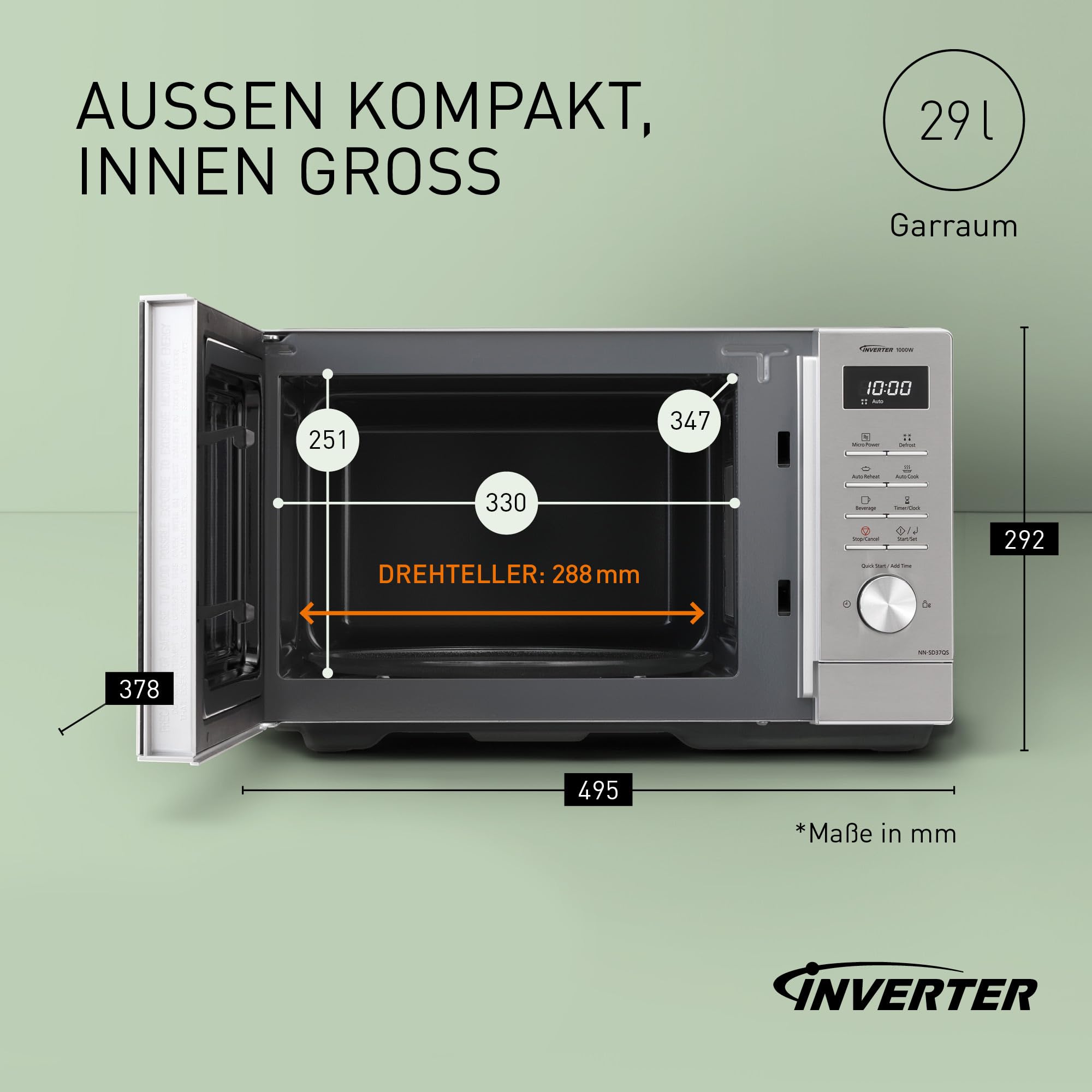 Panasonic NN-SD37QSEPG Solo-Mikrowellenofen, 29 l, 1000 W, automatisches Auftauen, 11 automatische Programme, Timer, Silber & Edelstahl