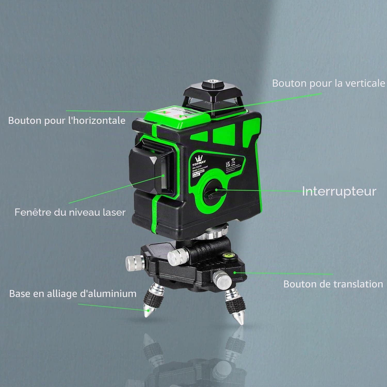 TOPWAY Niveau Laser 3D 12 Lignes, 3x360 Degrés Ligne Croix Verte Outil Laser Autonivelant pour Sol avec Mode Impulsion et Verrouillage Pendulaire pour Intérieur et Extérieur, 1 Pile incluse