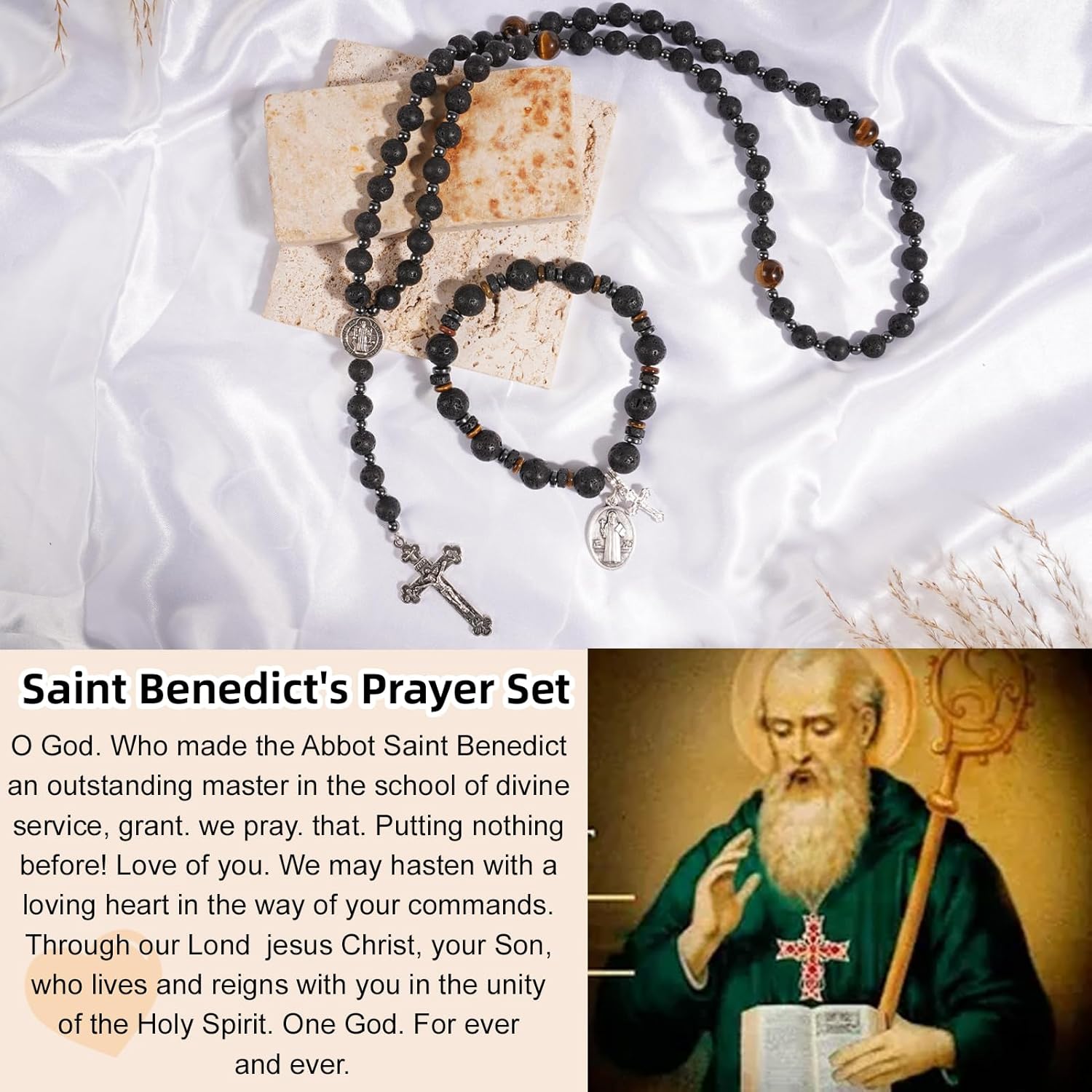 Rosary Beads Catholic, 8mm Tiger Eye Rosary Necklace with 10mm Tiger Eye St Benedict Cross Bracelet, Rosarios Catolicos Triple Protection Necklace Bracelet Jewelry Sets Catholic Gifts - Image 6