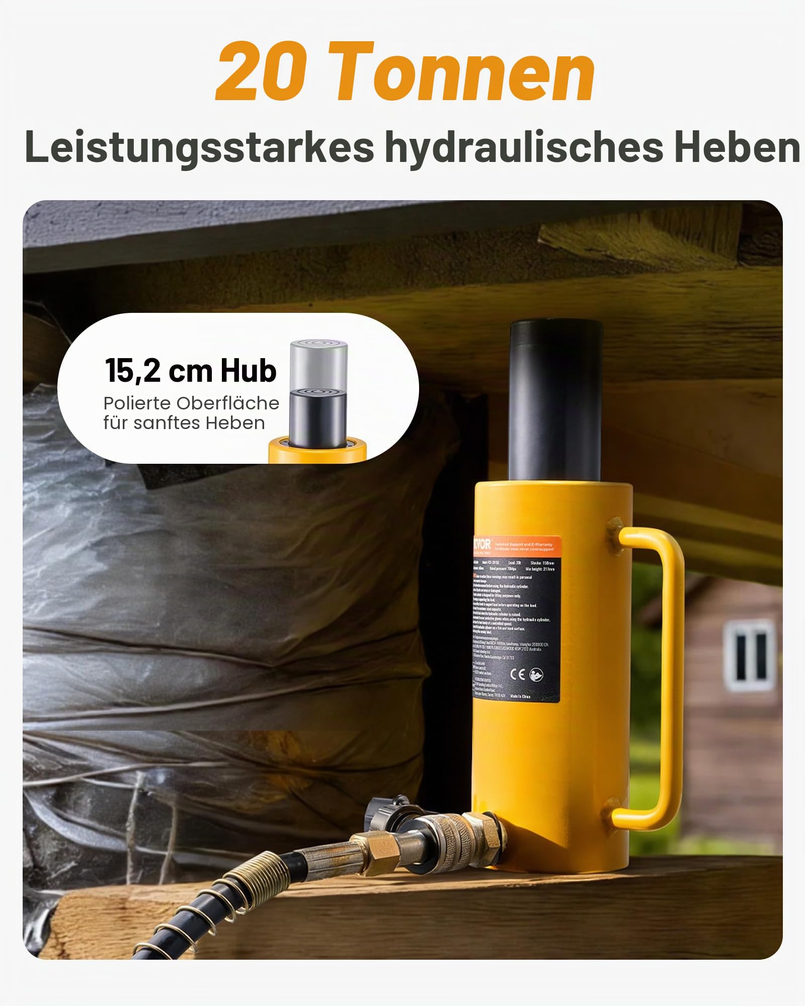 VEVOR Hydraulikzylinder 20 t Vollkolben-Heber 15 cm Hub mit Schnellkupplung, Einfachwirkender Hydraulikzylinder Tragbarer Hydraulikheber für Heben Drücken Ziehen Maschinenbau Werkstatt Garage