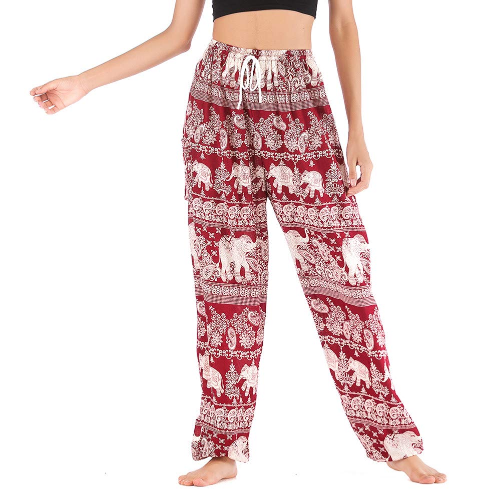 Fansu Women's Elephant Red Bohemian Pants, Thai Floral Baggy Harem Pants Yoga Printed Hippy Smocked Waist Hippie Trousers For Pilates (One Size,)