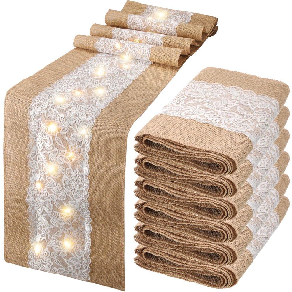 CTRLZS Burlap Table Runner 6 Pack with LED Lights Lace Rustic Natural Boho Style 12x108 Inches for Farmhouse Wedding Decor