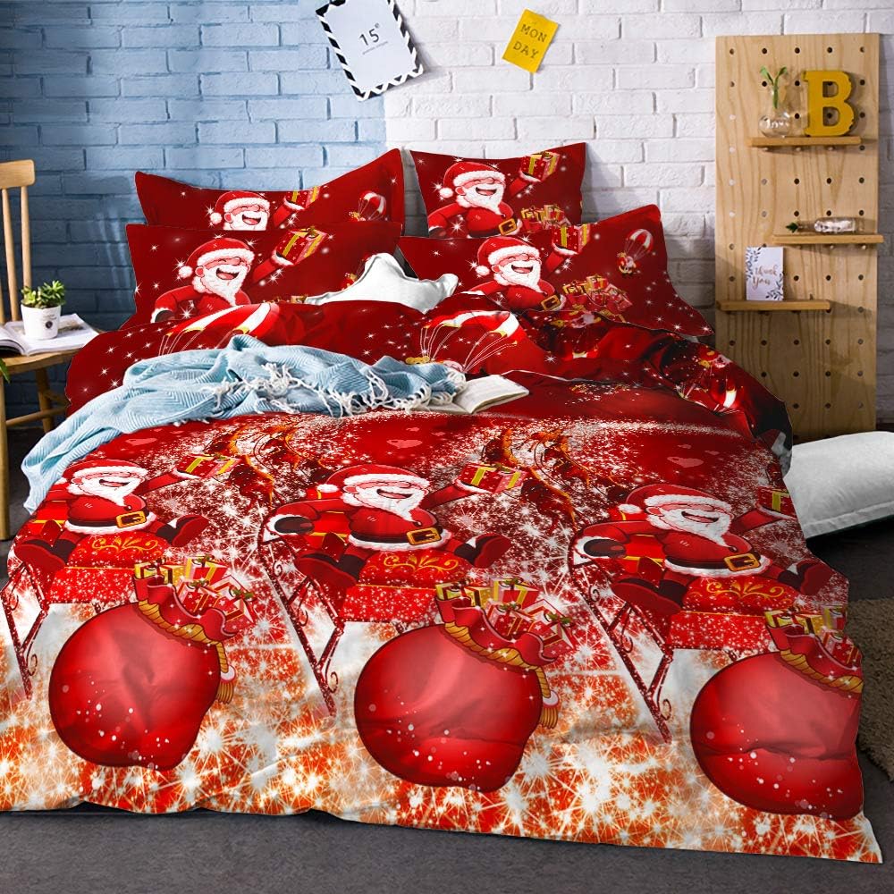 Merry Christmas Bedding Set Red New Year Duvet Cover Set Cartoon Cabin Quilt Cover Enjoy Santa Claus Duvet Covers Sparkling Shining Holiday Decoration Celebration Xmas Gifts King Size (NO COMFORTER)