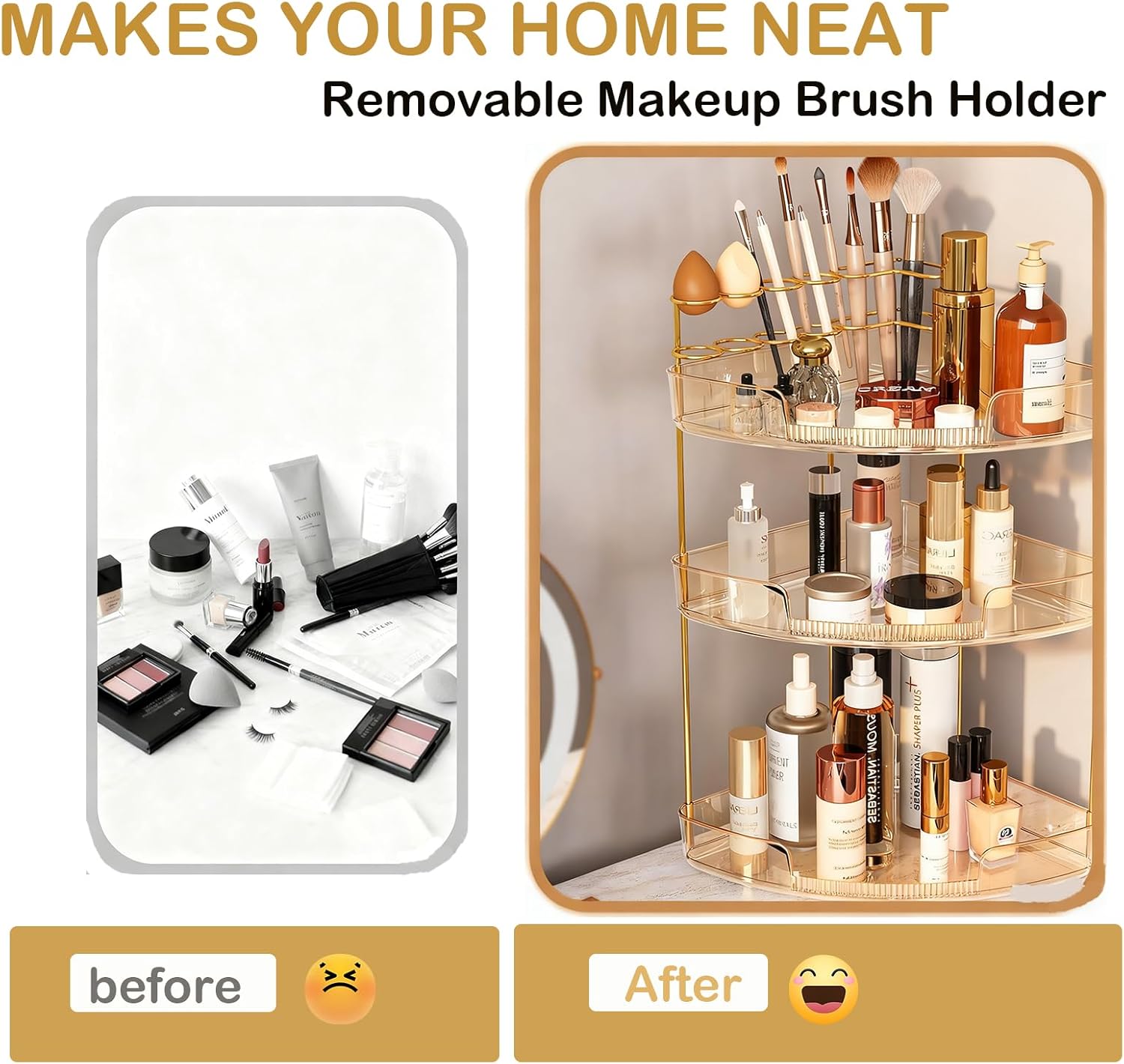 FELIZHOUSE 3-Tier Corner Bathroom Counter Organizer, Bathroom Countertop Shelf Makeup & Skincare Storage with Brush Holder for Vanity, Dresser, Kitchen - Amber