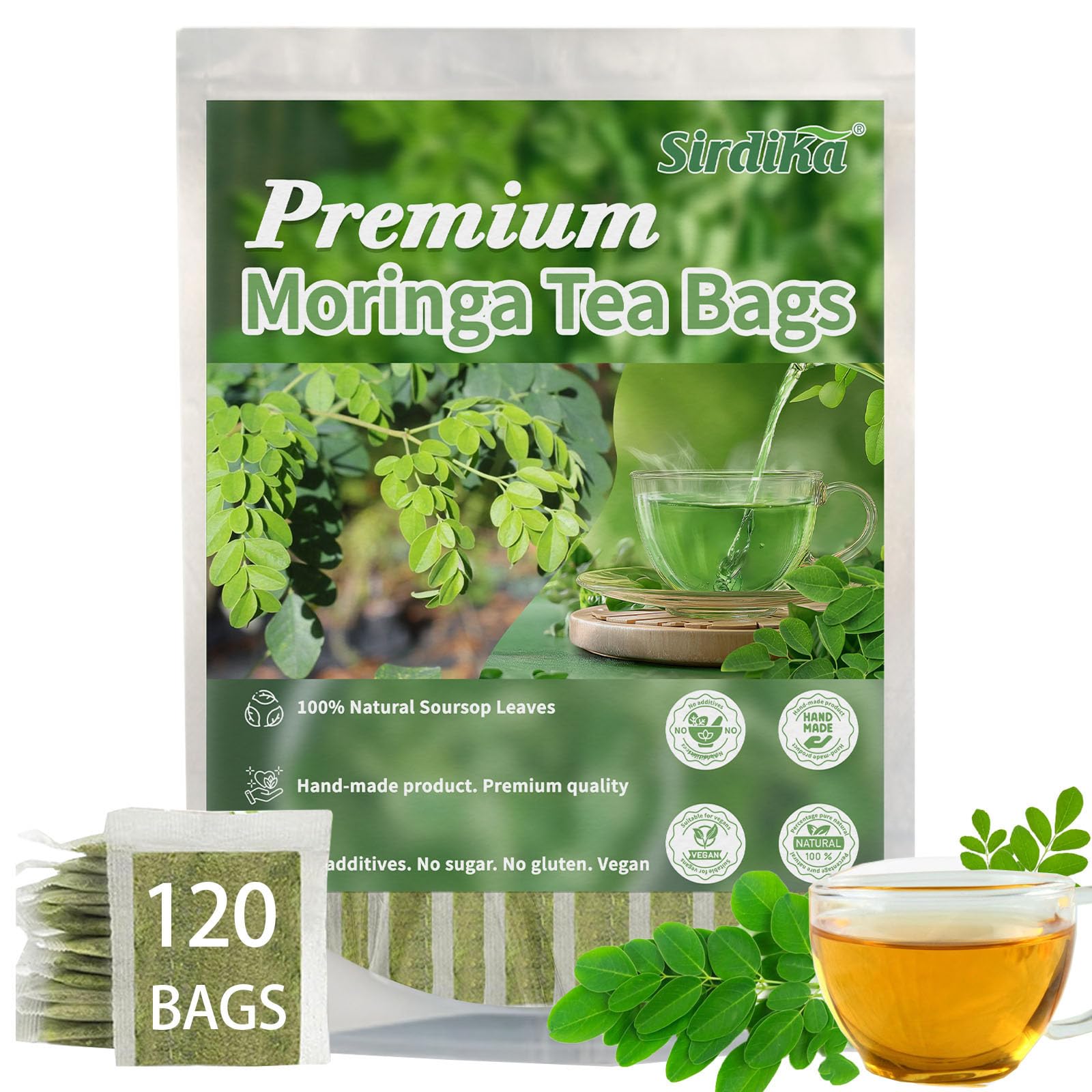 Premium Moringa Tea Bags, 100% Natural, Handmade, Pure from Moringa Leaf, Natural & No Additives, No Sugar/Caffeine/Gluten, Vegan, 120bags (120bags)