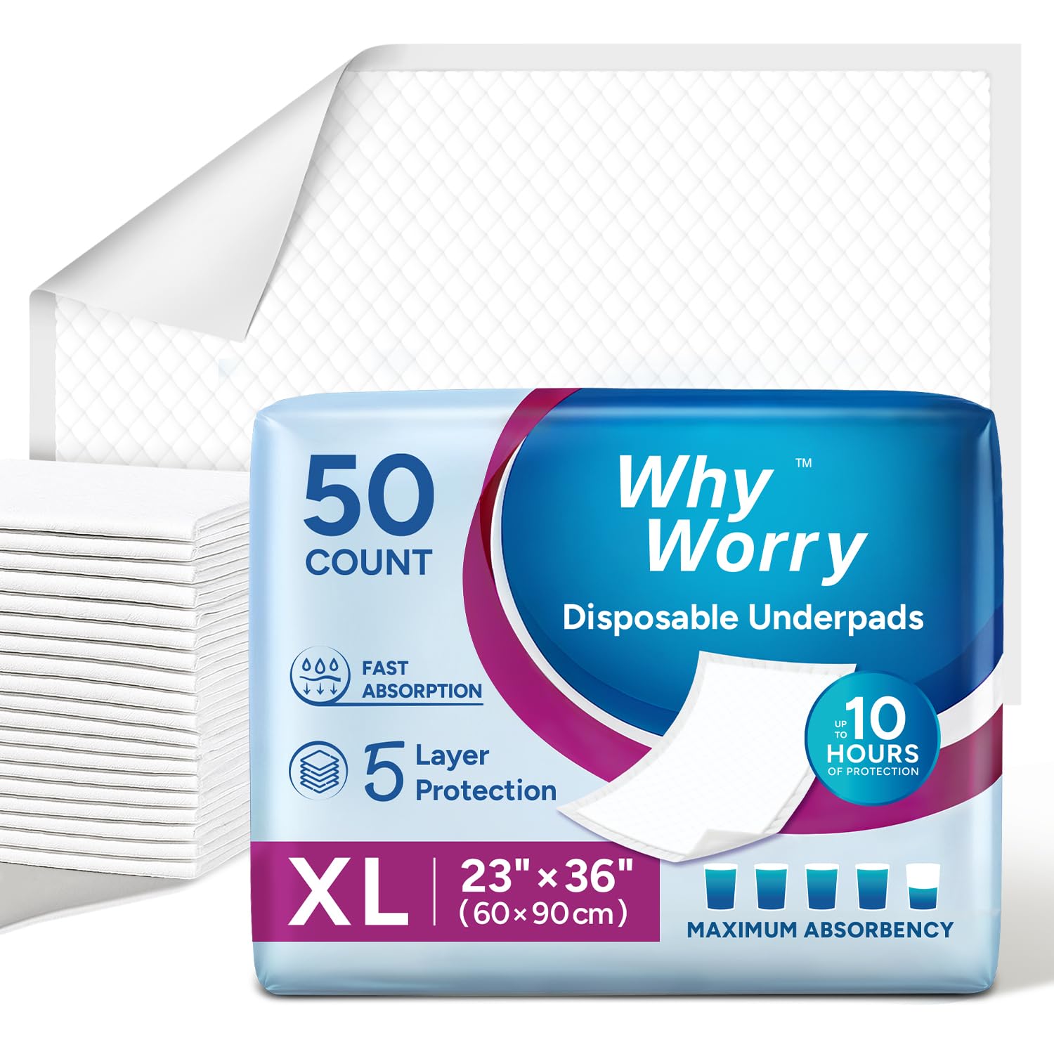 WhyWorry Extra Large Disposable Bed Pads 23" x 36", Super Absorbent Leakproof Incontinence Underpads for Surface Protection, Quilted Chucks Pee Pads for Adults and Babies, 100 Count (2 Packs of 50)-image-4