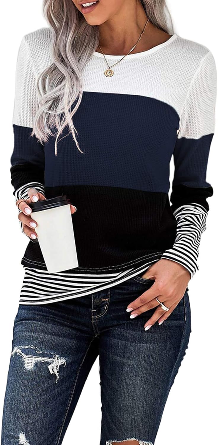 Eytino Women Casual Long Sleeve Round Neck Colorblock Loose Tunic Shirt Blouse Tops S-XXL