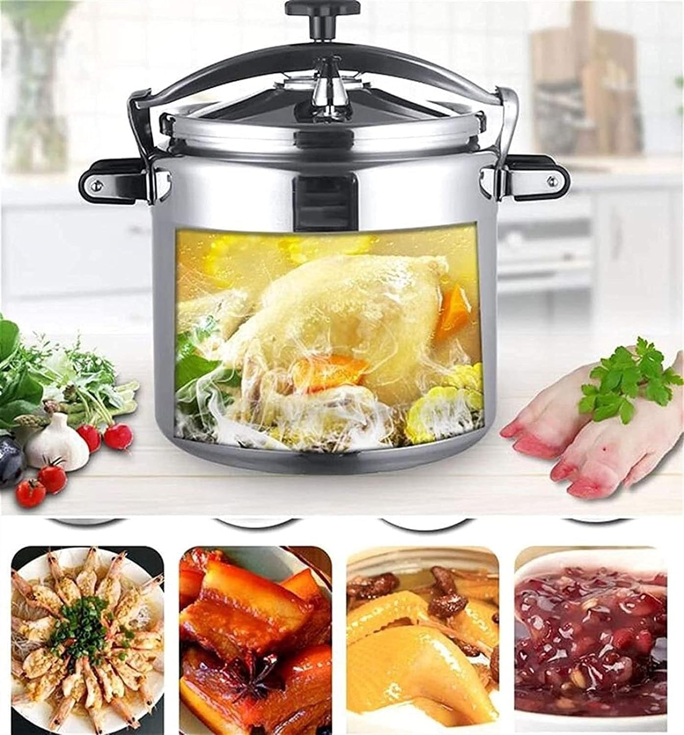 Explosion-Proof High Pressure Cooker,Household Large Capacity Aluminum Alloy High Pressure Cooking Pot Suitable for Induction Cooker Gas,Silver-70L