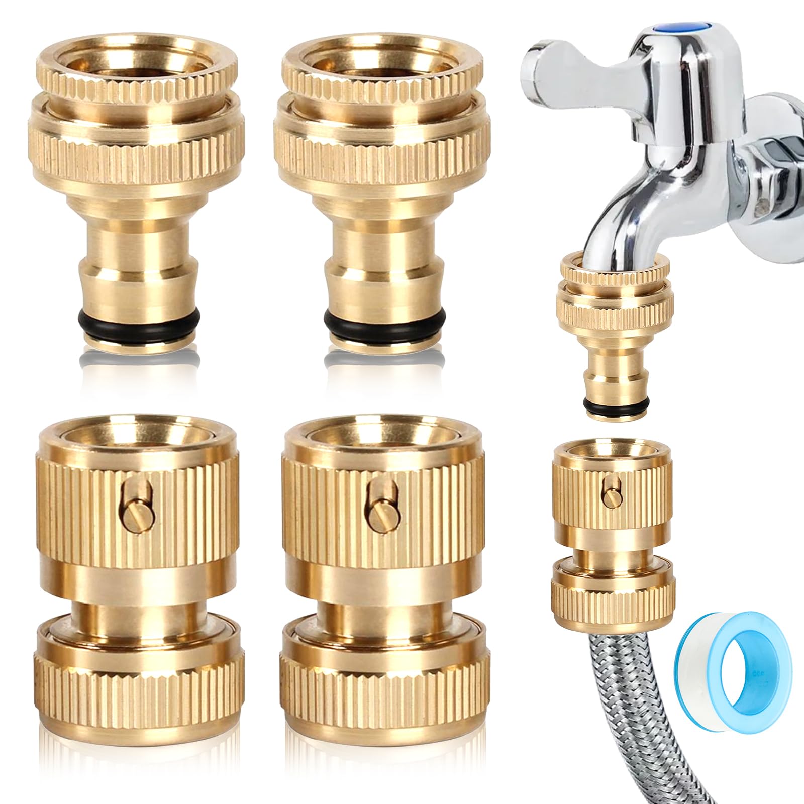 Brass Garden Tap Connectors, 2 Pair 1/2 Inch & 3/4 Inch 2-in-1 Hose Garden Hose Quick Connector, Brass Quick Hose End Connector, Hose Male & Female Adaptors for Garden Outdoor Pipe Fittings