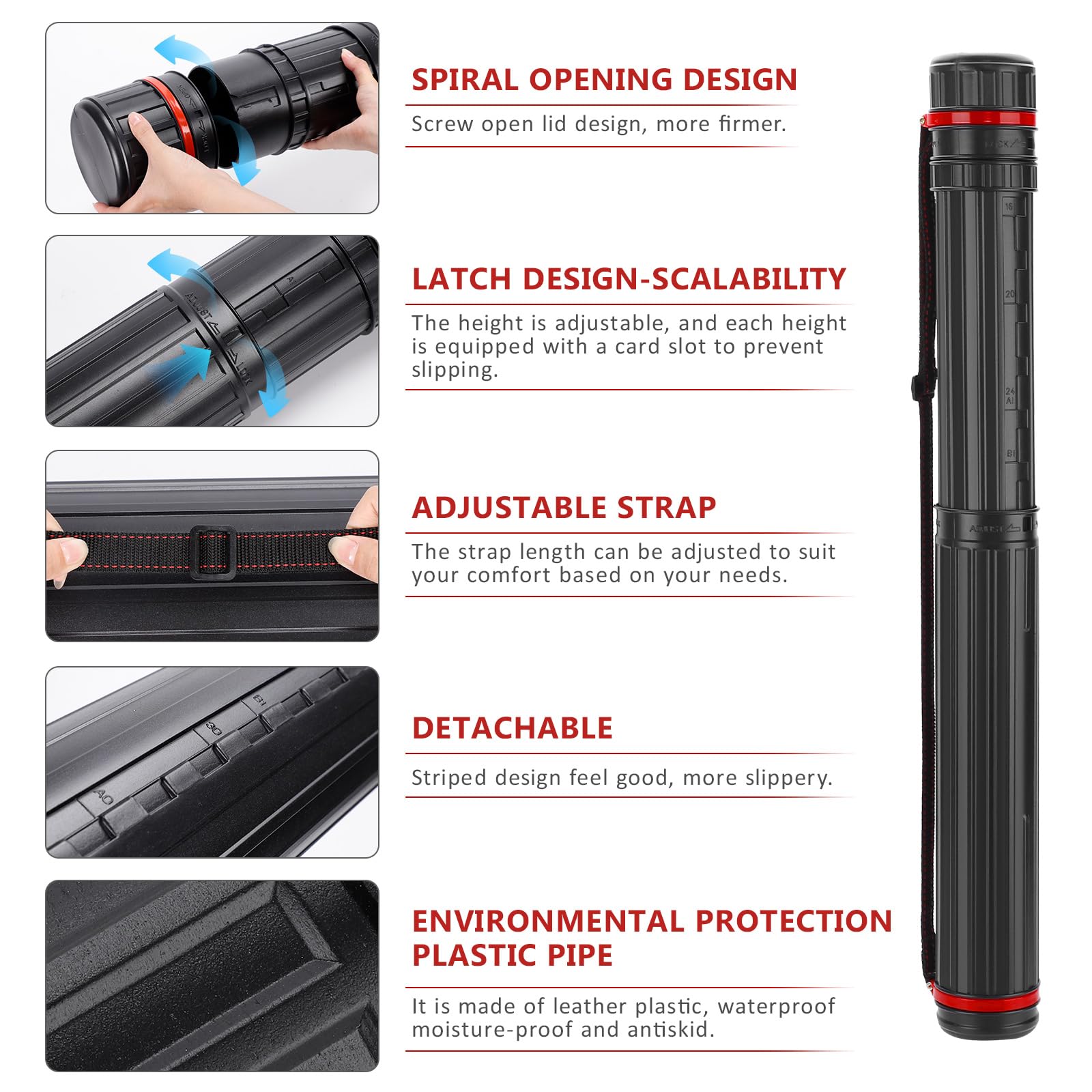 DEWEL Adjustable Poster Tube 76-125 CM, Diameter is 12 CM, Large Plastic Black Fishing Rods Storage Tube - Image 4