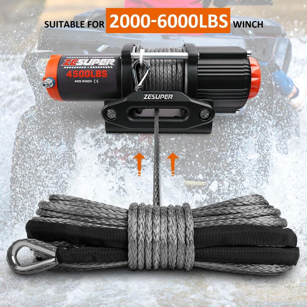 ZESUPER 1/4''x 50ft 10000LBs Synthetic Winch Rope Winch Rope Cable for SUV ATV UTV Vehicle Boat Car (Gray)
