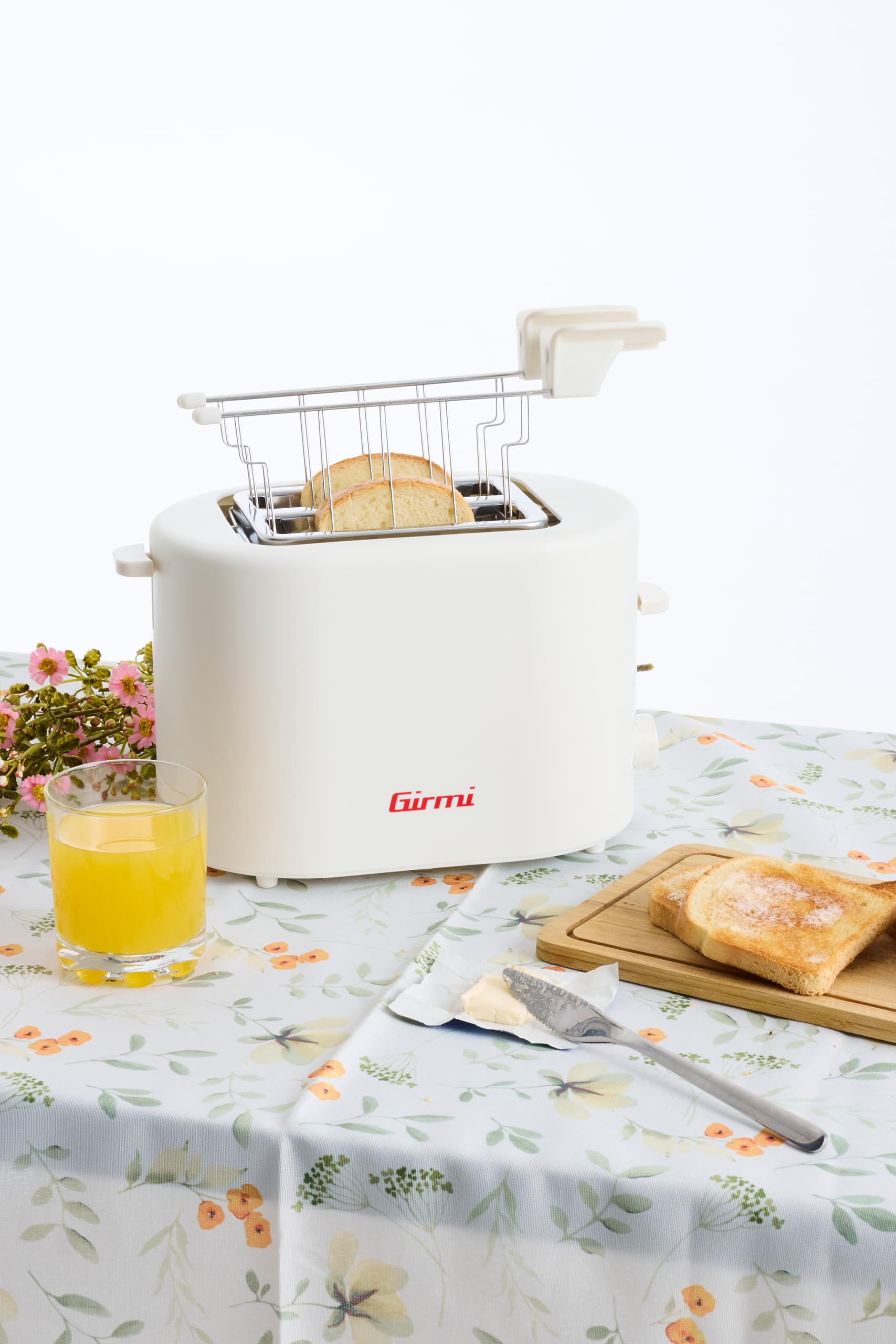 Girmi TP21 Tostapane, 750 W, Pinze Inox per toast farciti, Scalda brioches estraibile, Espulsione automatica, Raccogli briciole, Bianco