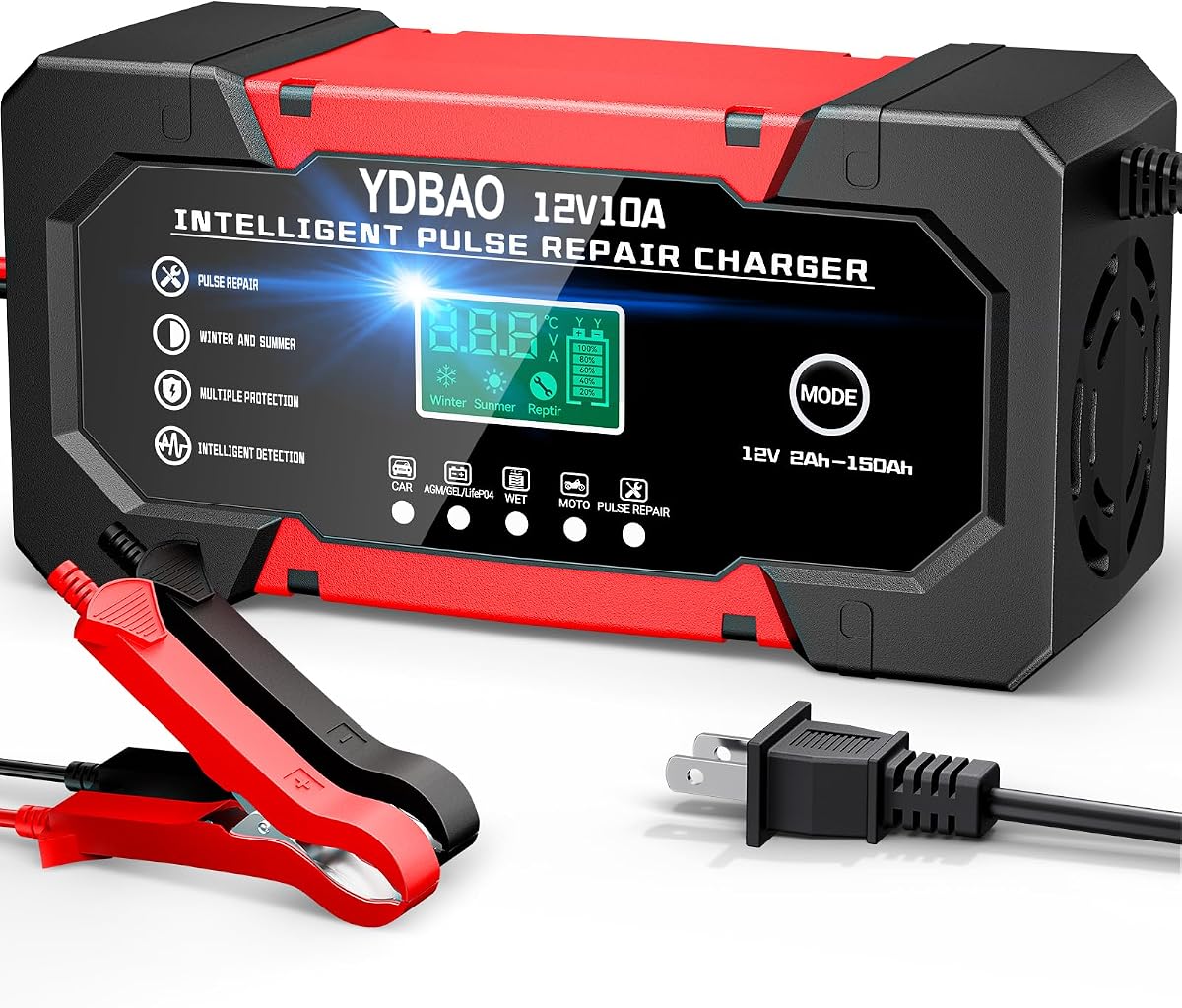 Car Battery Charger 12V 10A Smart Trickle Charger Fully Automatic | Battery Maintainer Temperature Compensation LCD Display 8-Layer Protection Suitable for Car Truck Motorcycle Lawn Mower Boat