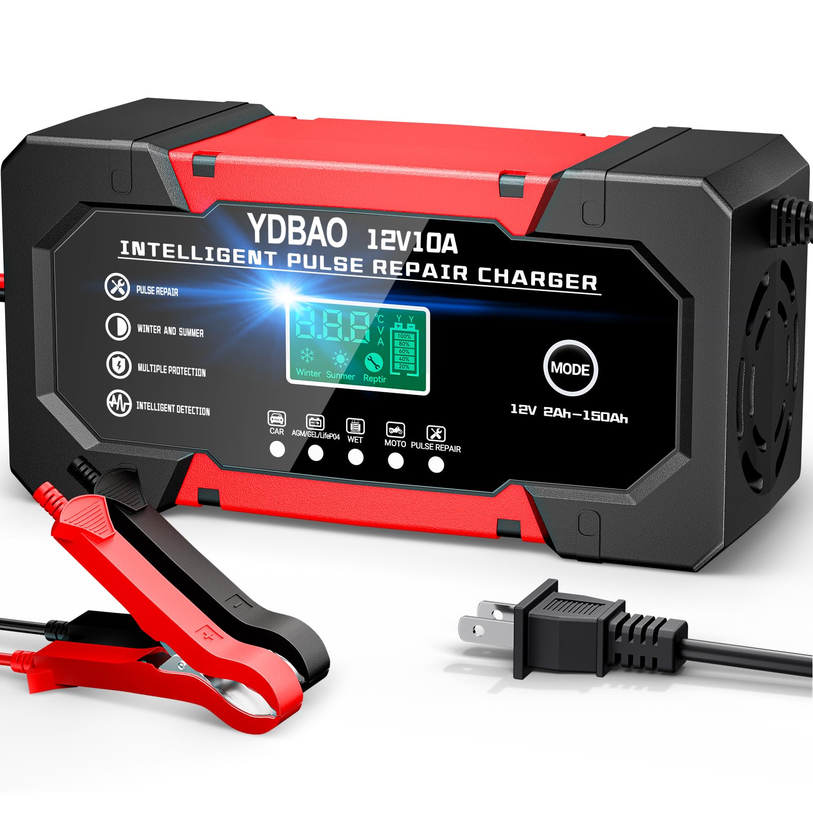 10A 12V Fully Automatic Smart Battery Charger with LCD Display and Temp Compensation