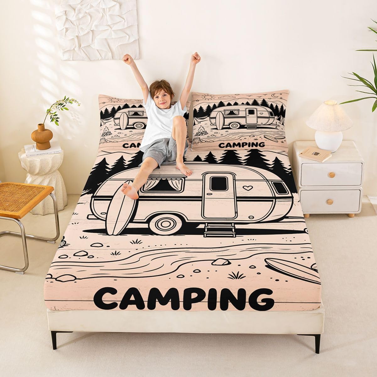 Camper Bed Sheets Full Happy Camping Rv Fitted Sheet Camper Car Trailer Bedding Set for Kids Boys Girls,Camping Tent Outdoor Bed Cover 3 Pcs