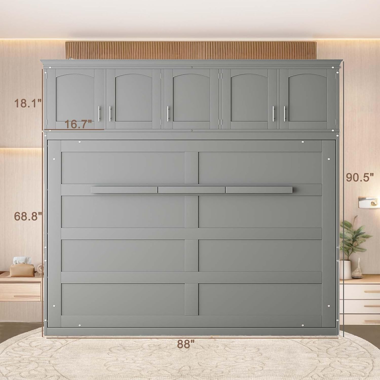 Queen Size Murphy Bed Wall Bed with Top Cabinets,Folding Wall Bed，Modern Murphy Bed Frame,Horizontal Murphy Bed for Guest Room or Home Office, Grey