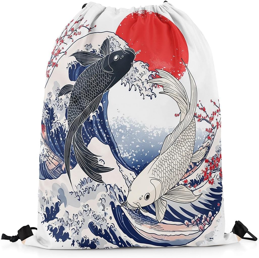 jejeloiu Koi Fish Drawstring Backpack 13"x15.7" Japanese Wave Sports Gym String Bag Marine Sunset Drawstring Bags Japanese Ukiyoe Waterproof Cinch Bag Sports Drawstring Sackpack