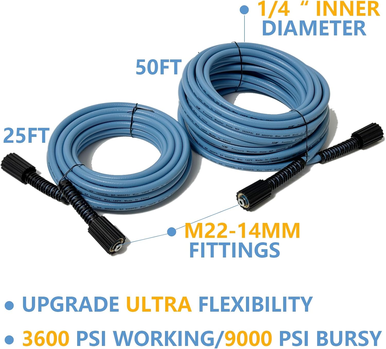 LULUW 25FT 1/4-inch High Pressure Washer Hose,3600PSI M22 14mm Replacement Power Washer Hose for Most Brands, Blue