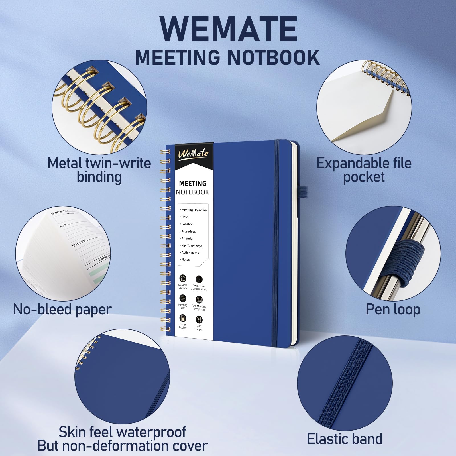 WEMATE Cuaderno de reuniones para el trabajo B5 (7 x 10 pulgadas), cuaderno de trabajo de piel sintética con agenda, artículos de acción y notas, 200 páginas para hombres y mujeres, personal y