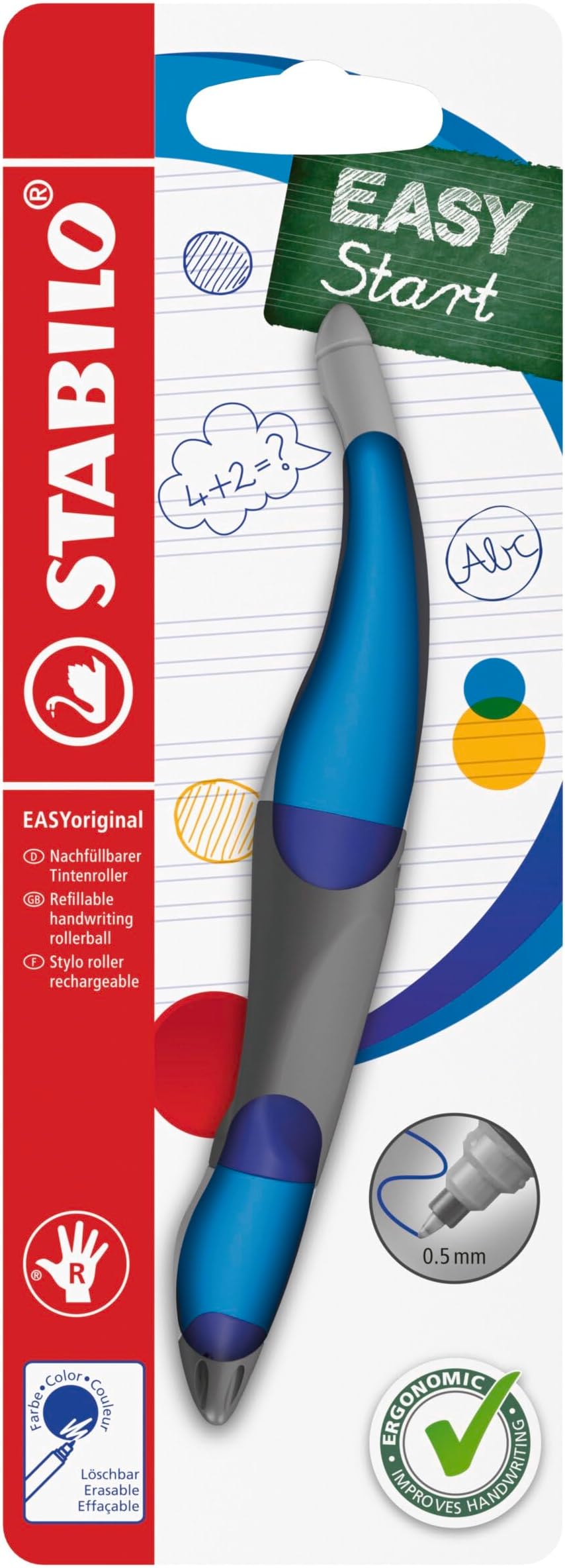 Stabilo B-46843-5 Easyoriginal Ergonomic Right-Handed Rollerball Pen, Dark Blue/Light Blue