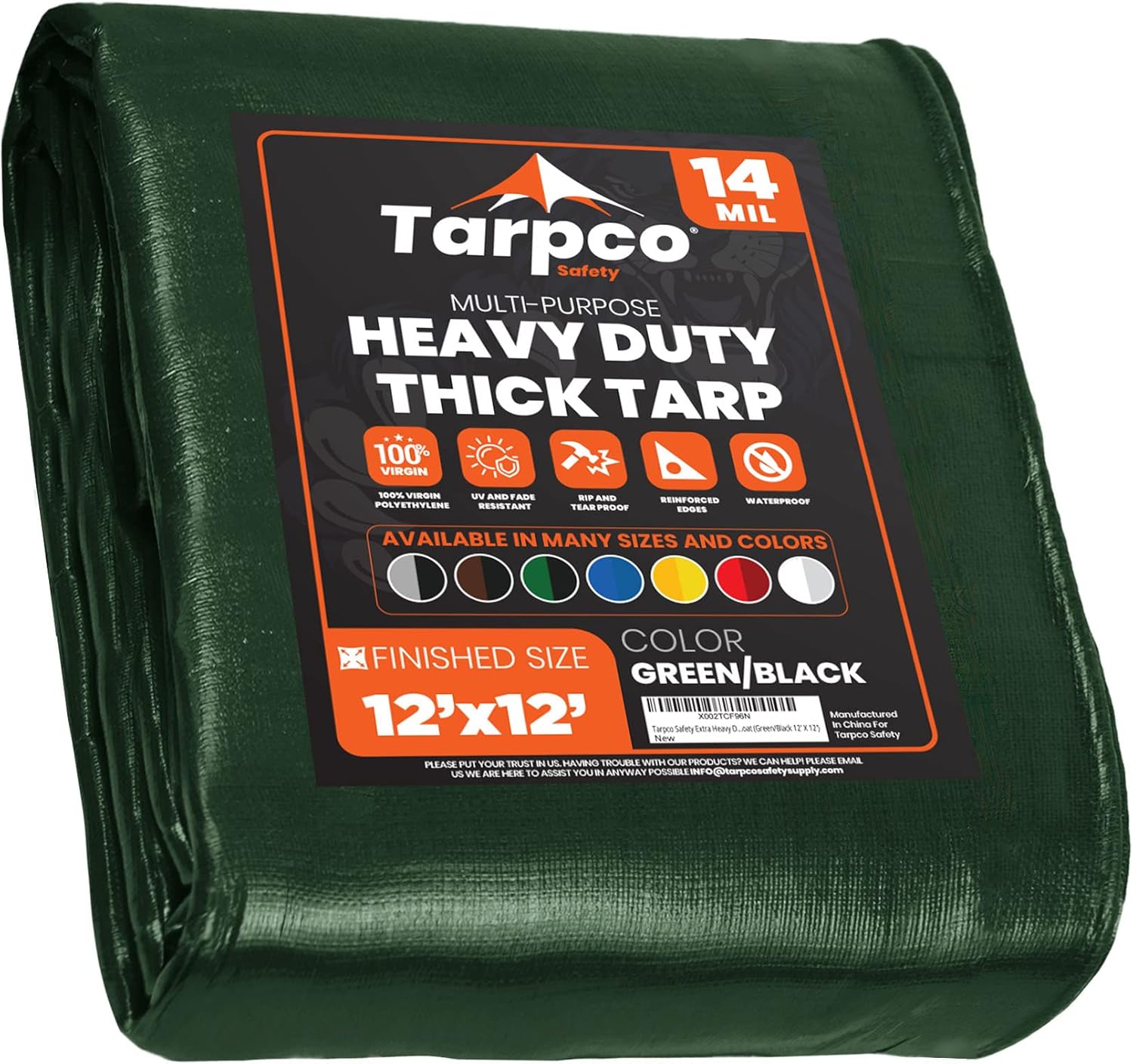 Tarpco Safety Extra Heavy Duty 14 Mil Tarp Cover, Waterproof, UV Resistant, Rip and Tear Proof, Poly Tarpaulin with Reinforced Edges for Roof, Camping, Patio, Pool, Boat (Green/Black 12 X 12)