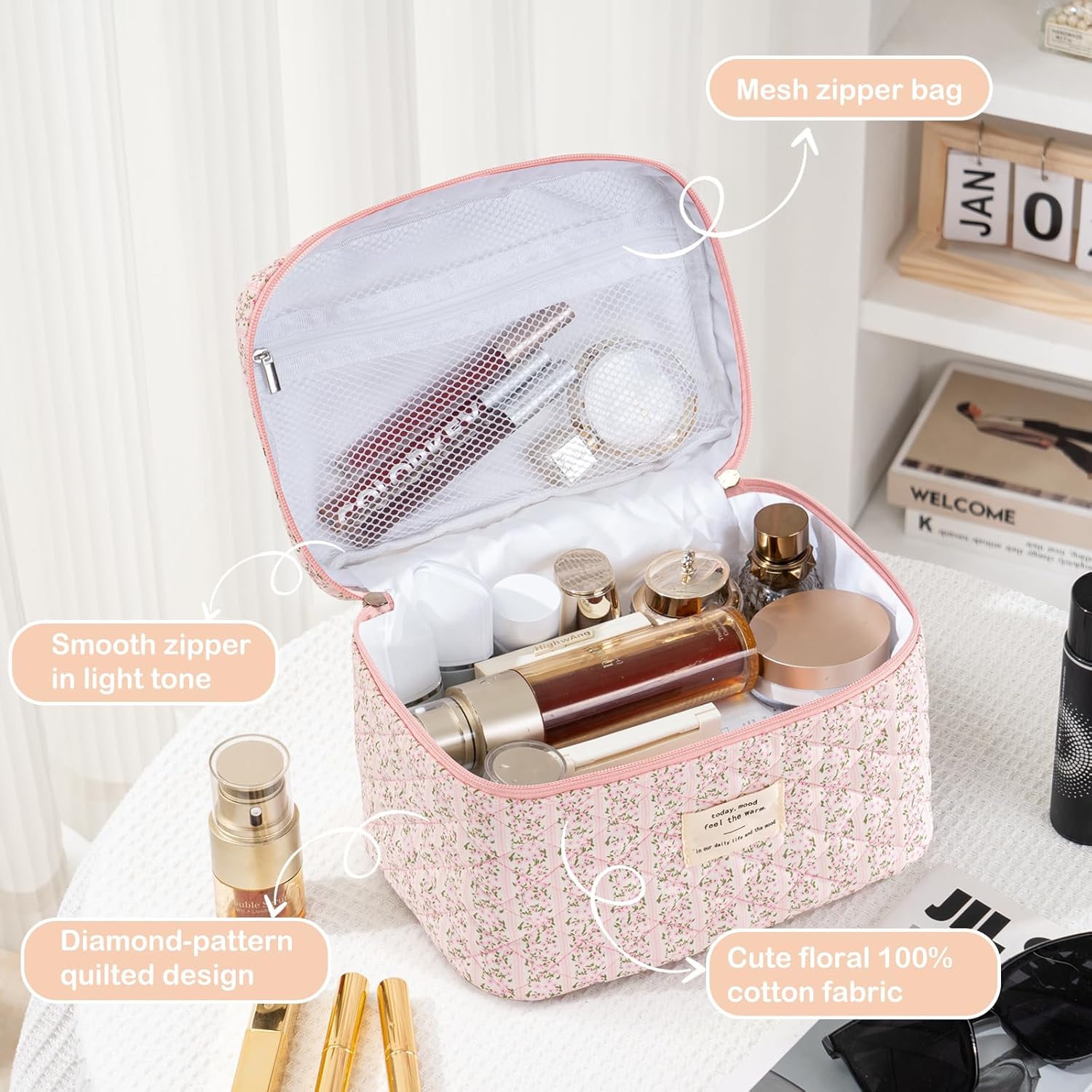 Makeup Bag for Women 3PCS Quilted Cotton Make Up Bag Travel Cosmetic Bag Large Makeup Bag Set Cute Makeups Organizer Floral Toiletry Pouch for Purse, Pink Stripe - Image 6