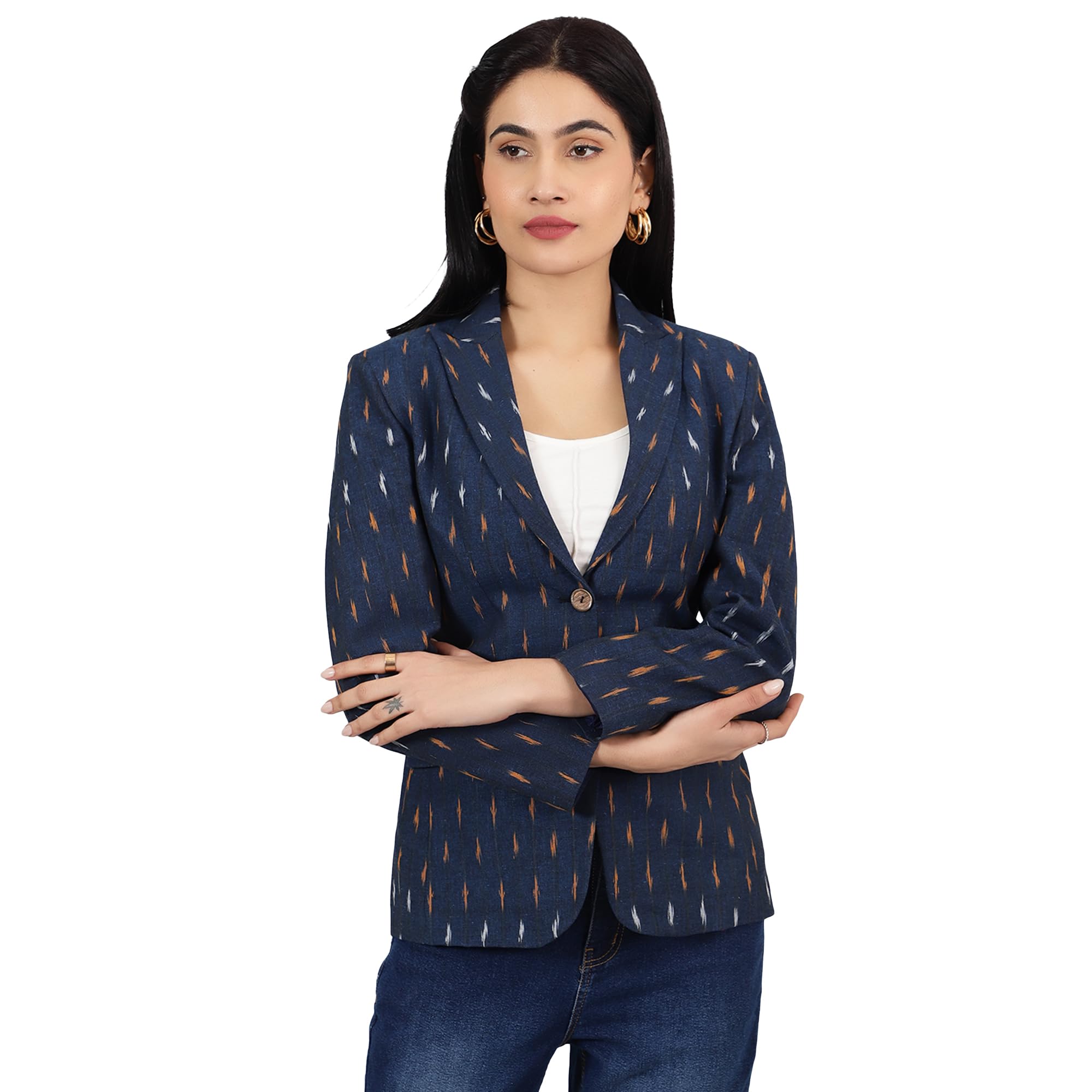 indophilia Womens Ikat Blue Cotton Blazer-picture-18