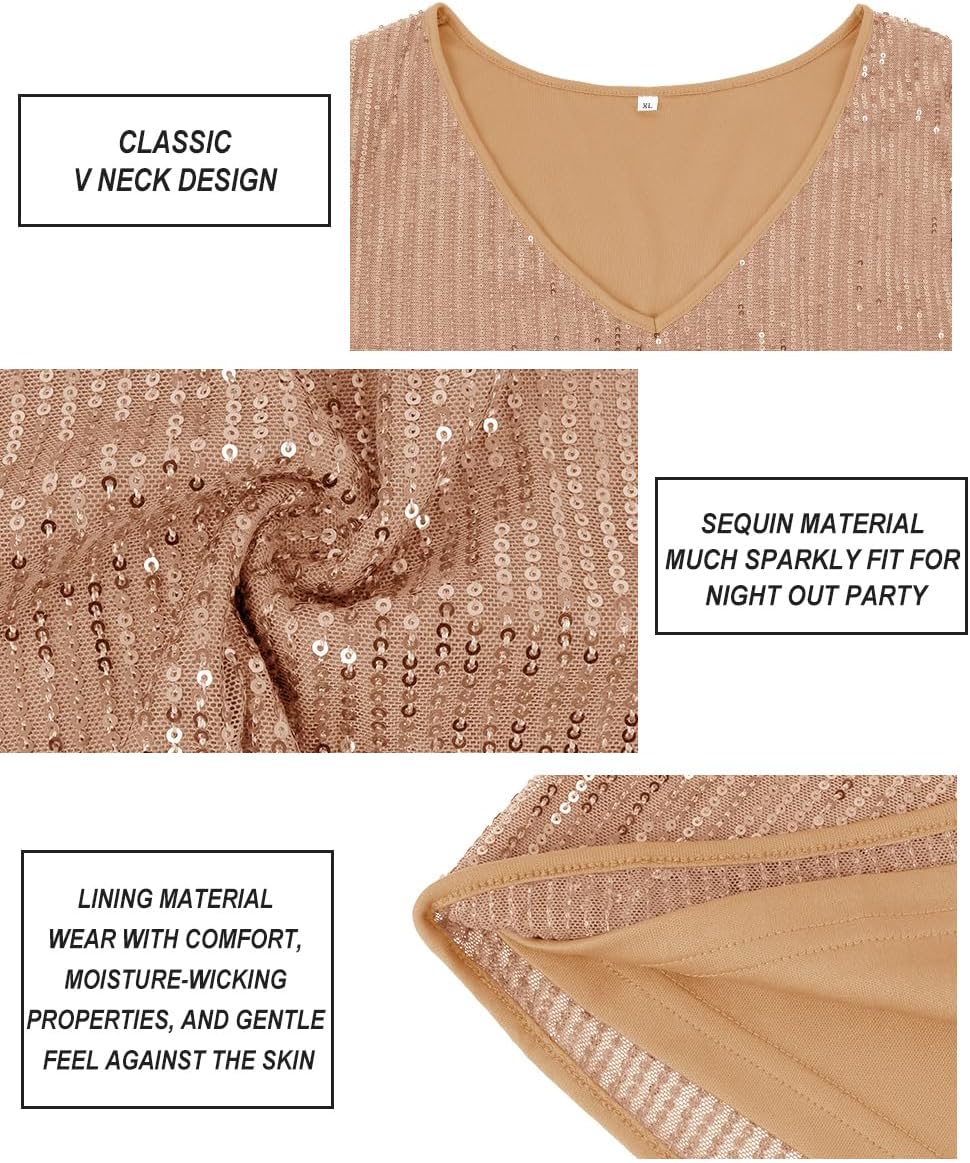CARCOS Plus Size Sequin Top for Women Short Sleeve Party Blouse Evening Sparkle Shimmer V Neck Glitter Shirt Ladies XL-5XL - Image 6