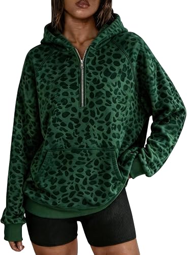 Hoodies Women Cheetah Print Comfy Casual Sweatshirt Long Sleeve Dark Green