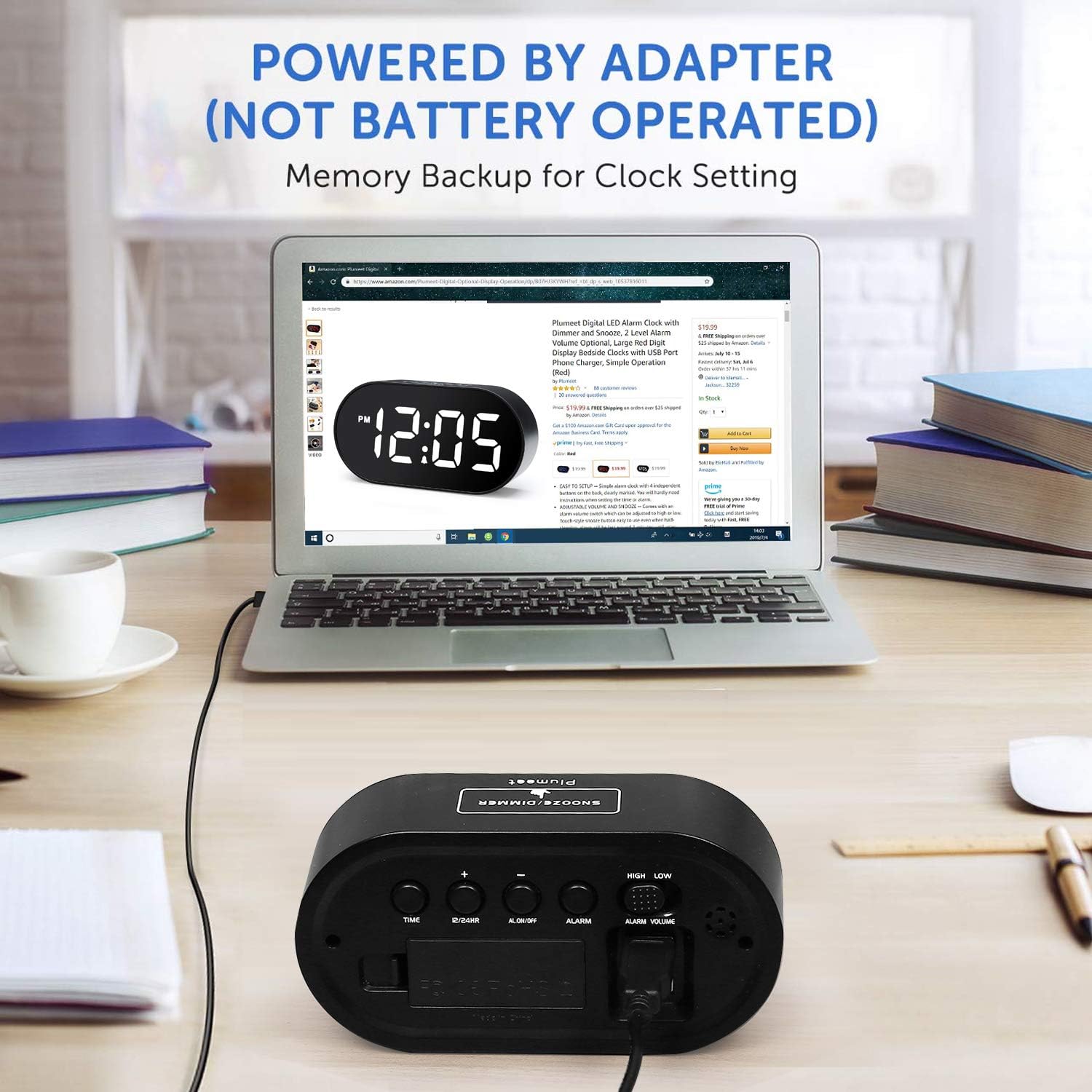 Rear view of the Plumeet LED Digital Alarm Clock showing control buttons: TIME SET, 12/24HR, AL ON/OFF, ALARM SET, plus and minus buttons, LOW DIMMER and LOW VOLUME sliders, battery compartment, and two USB charging ports.