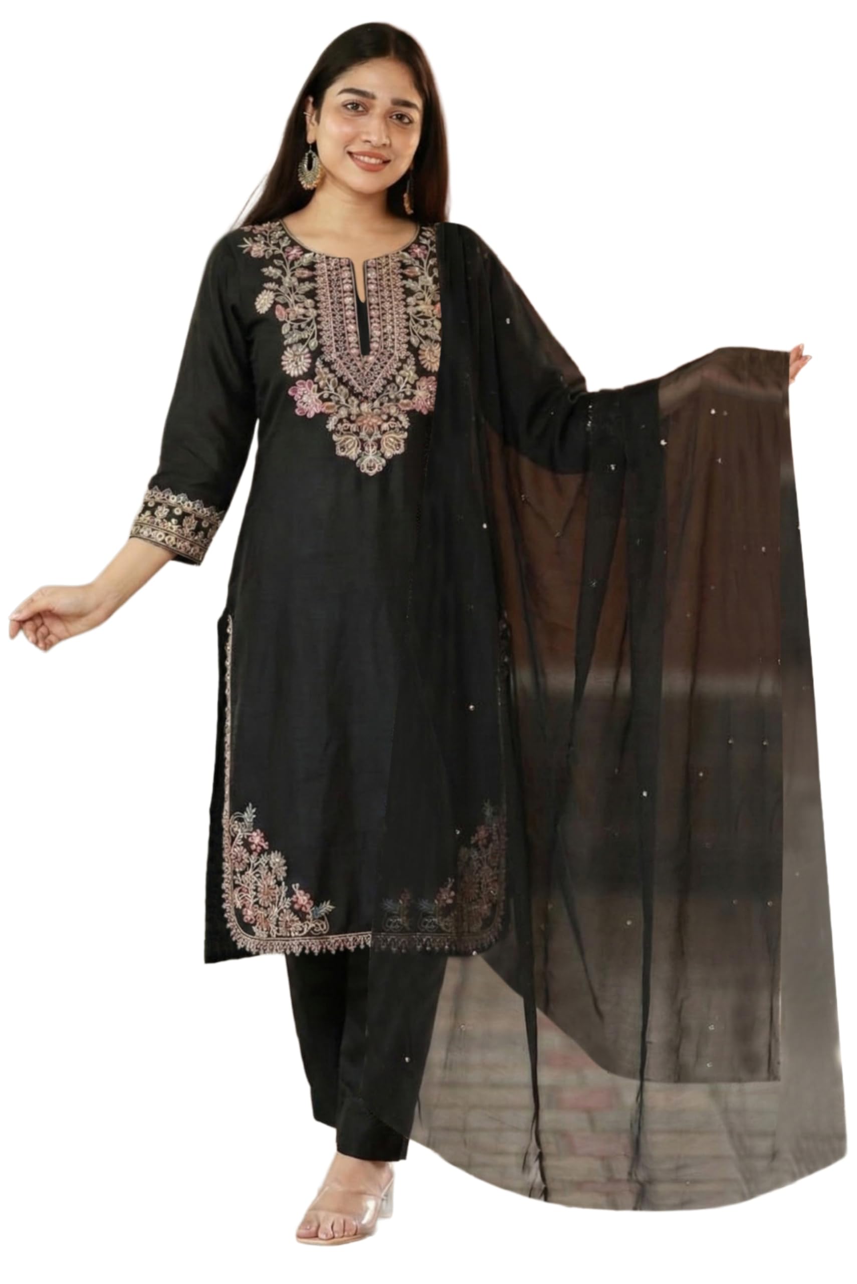 anni designer Kurta Set for Women Viscose Embroidered | A Line Kurta Pant Dupatta Set for Woman | Round Neck 3/4 Sleeve 3 Piece Ethnic Dress Stylish Womens Clothing Outfit-picture-16