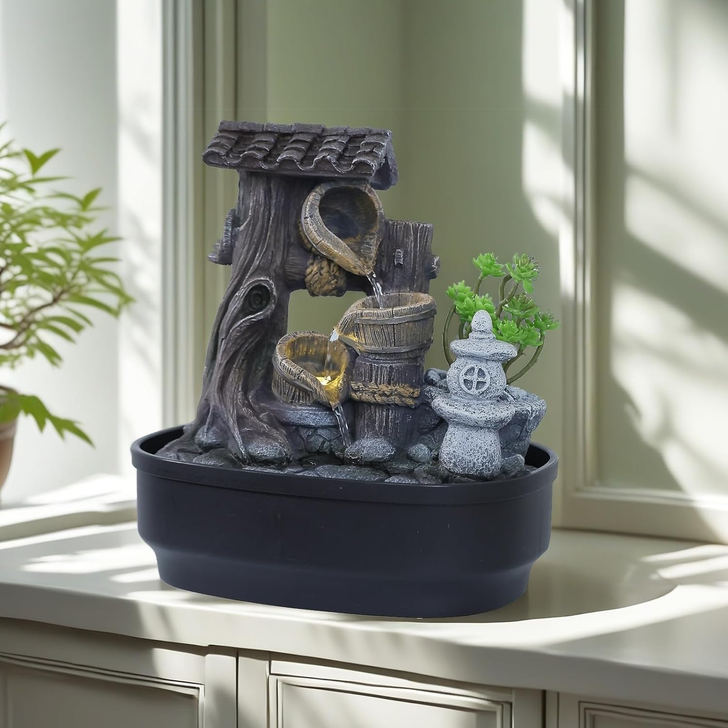SERBILHOME Table Top Water Fountain Indoor Rustic Treehouse Desk Fountains – 11.8'' Tabletop Water Fountain with LED Light, Meditation Zen Waterfall for Home Office Bedroom Desktop Decor, Brown