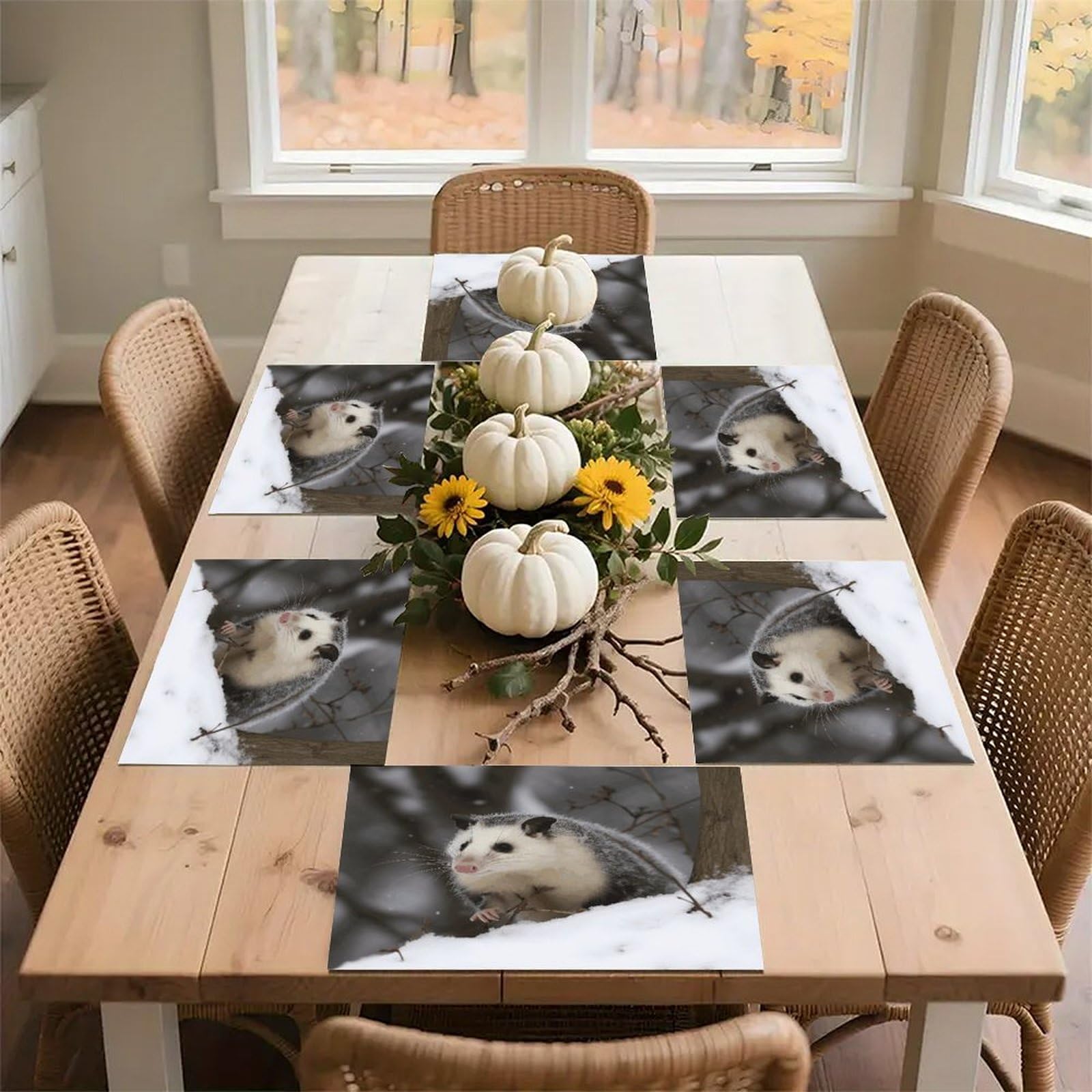 Opossum in Snow Placemats Easy Clean Washable Flax Table Mats Heat Resistant Non-Slip Dining Table Cloth Place Mats for Kitchen Dining Decor Party Outdoor 12 * 18 in