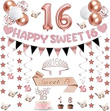 32Pcs Sweet 16 Party Decorations with Banners, Hanging Swirls, Star Garland, Sweet 16 Sash and Tiara, Cake Toper Candles, Butterfly, Balloons, 16th Birthday Decorations for Girls Rose Gold