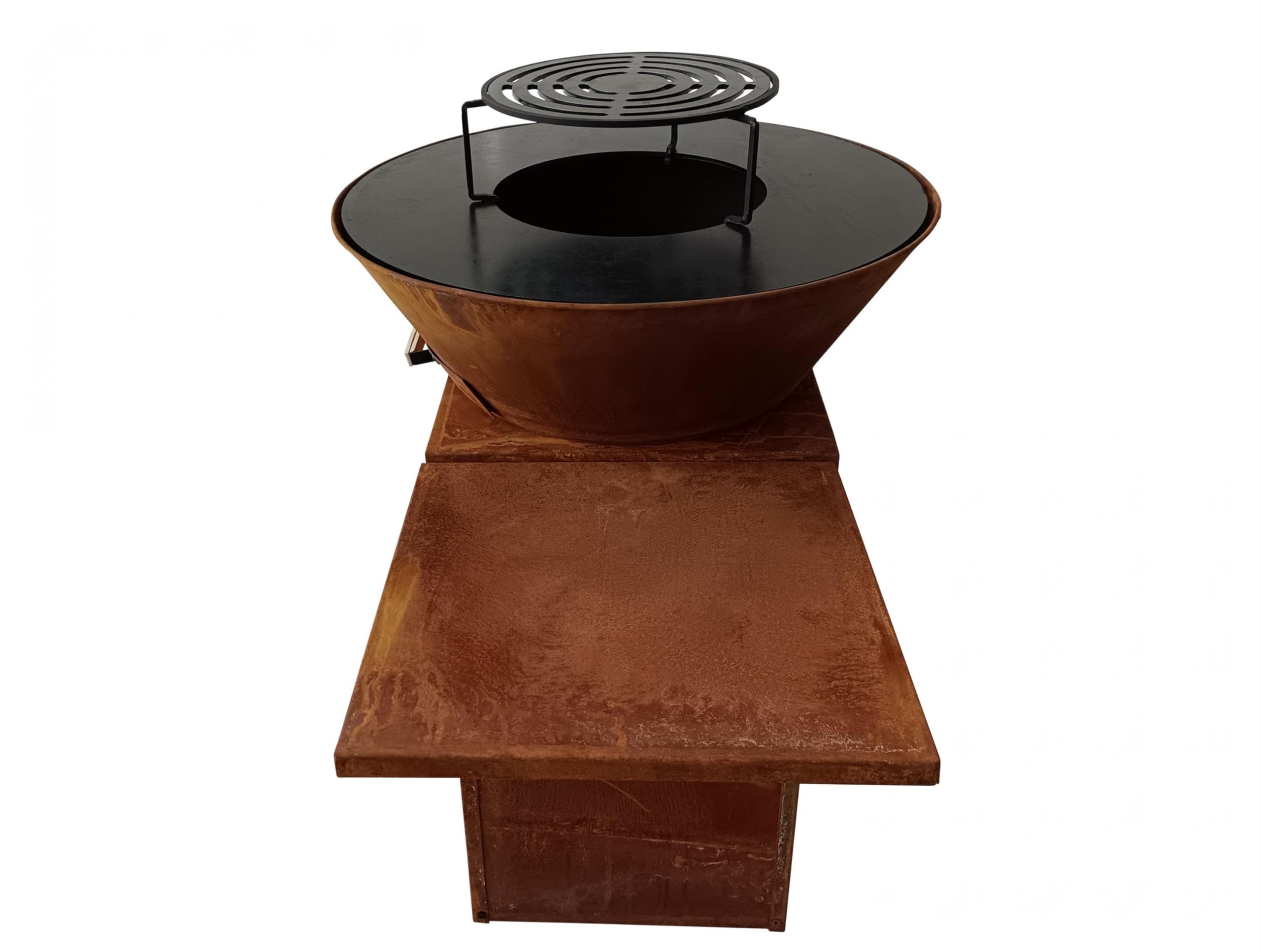 PUR LINE | Barbacoa de carbón, leña o pellets en acero corten con plancha redonda de 60 cm EFP57CO - Parrilla exterior con grill y soporte, barbacoa de acero corten resistente para jardín y terraza