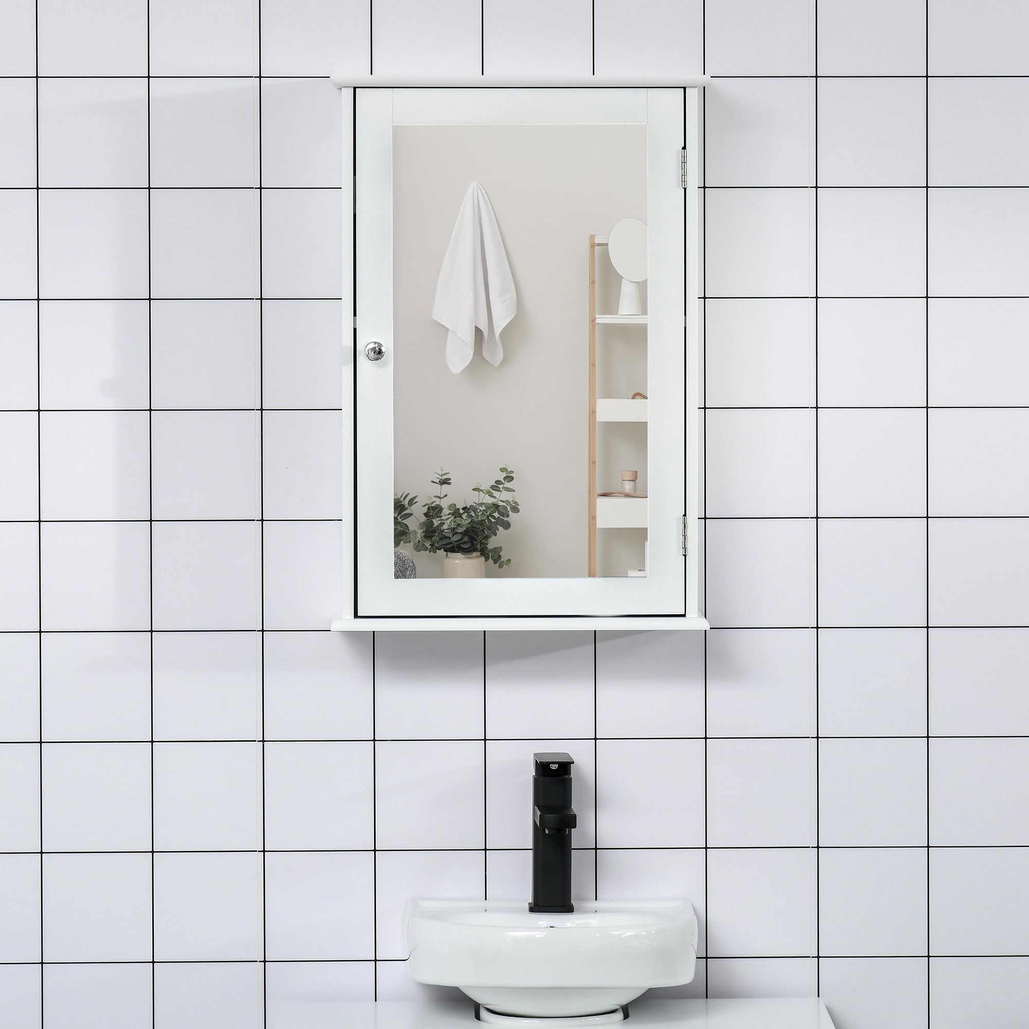 kleankin Armario de Baño con Espejo Armario con Espejo para Baño con 1 Estente de Almacenamiento Mueble para Baño Estilo Moderno 41x14x60 cm Blanco