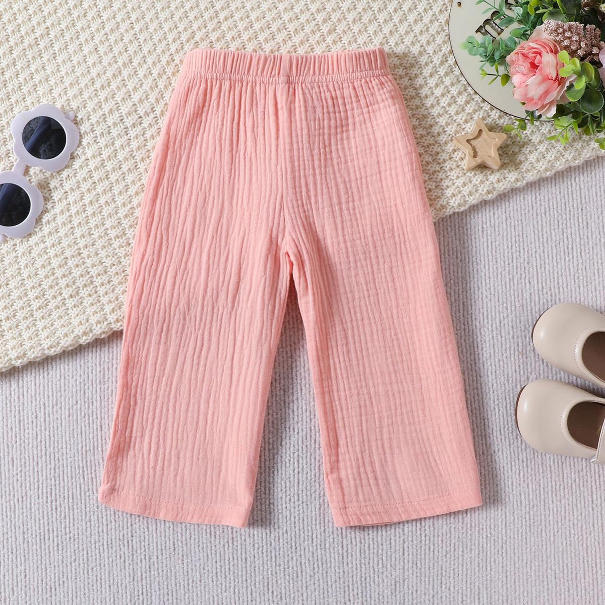 Ensemble Pantalon d'Été pour Petites Filles Débardeurs à Manches Volantées/Sans Manches Pantalon Large en Coton et Lin Printemps Enfants Vêtements