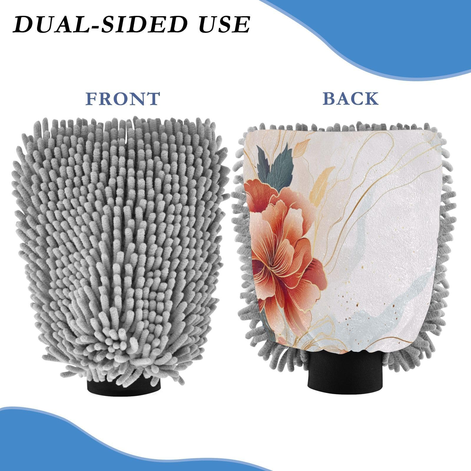ALAZA Red Flower White Marble Car Wash Mitt Scratch Free, 2 Pack Absorbent Microfiber/Chenille Washing & Drying Mitts, L